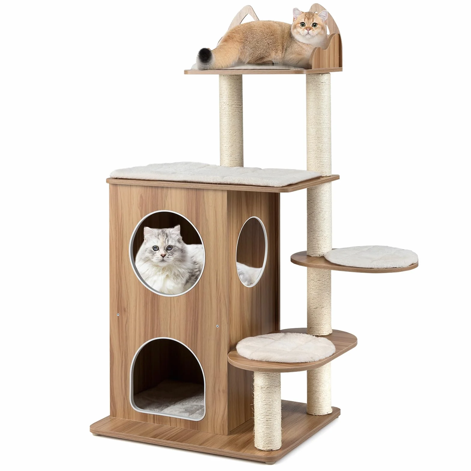 COSTWAY Árbol Rascador para Gatos de Madera, 122 cm de Altura, Torre para Gatos con Condo de 2 Pisos, Postes de Sisal, 3 Plataformas Anchos con Cojines Desmontables, Mueble Auxiliar Moderno Gatitos