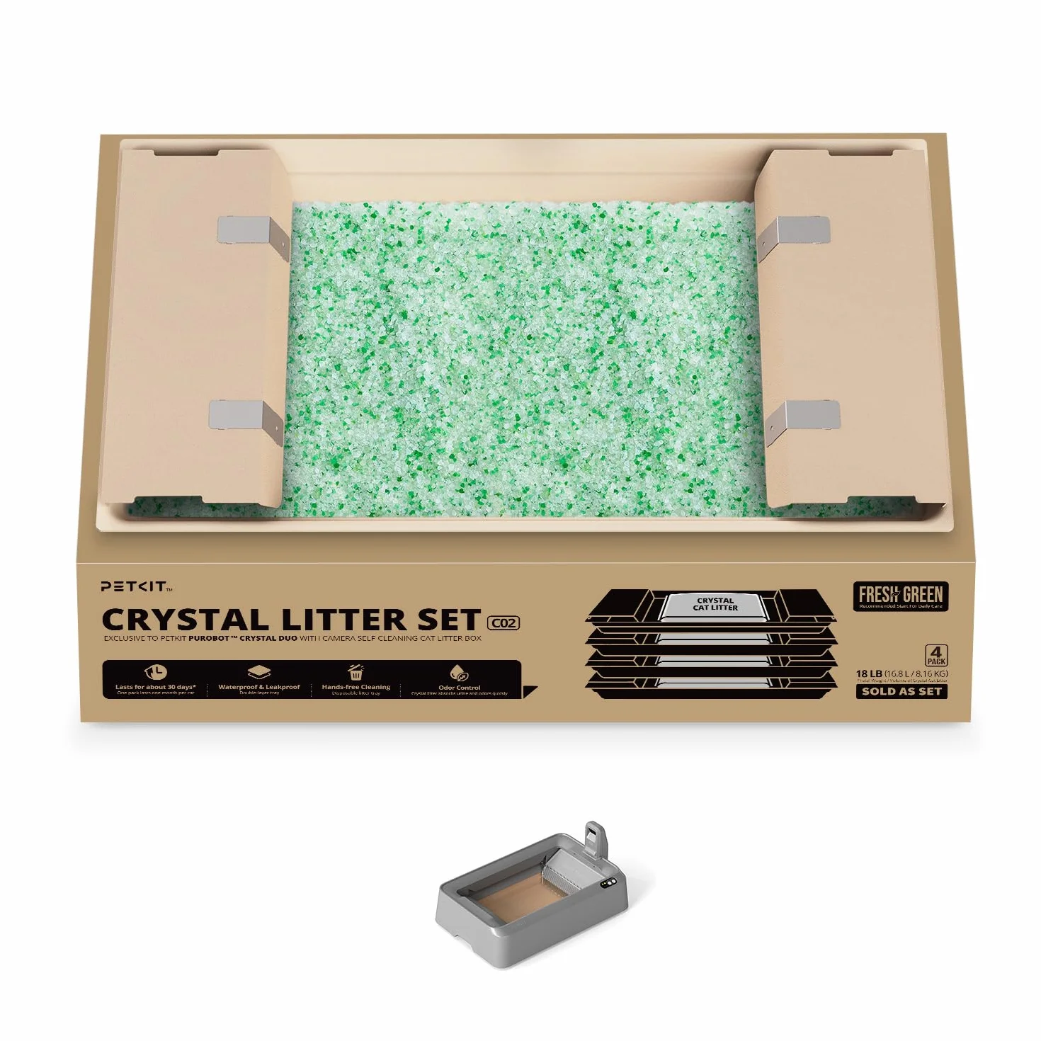 PETKIT Set de Arena Cristalina para Gatos, para PUROBOT Crystal Duo Arenero Gatos Autolimpiable, Recogida Dual de Residuos, Bandeja Reemplazable, Control de Olores, 4 Piezas, Verde