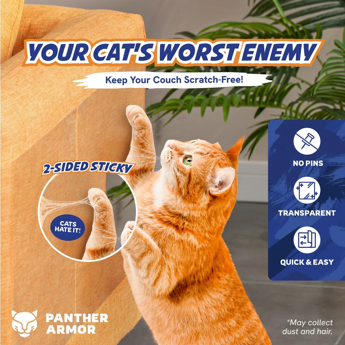 Panther Armor Protector de muebles para gatos, Mega Pack de 25 hojas, protectores de muebles contra arañazos de gatos, sin pines, cintas de entrenamiento para gatos duraderas y transparentes