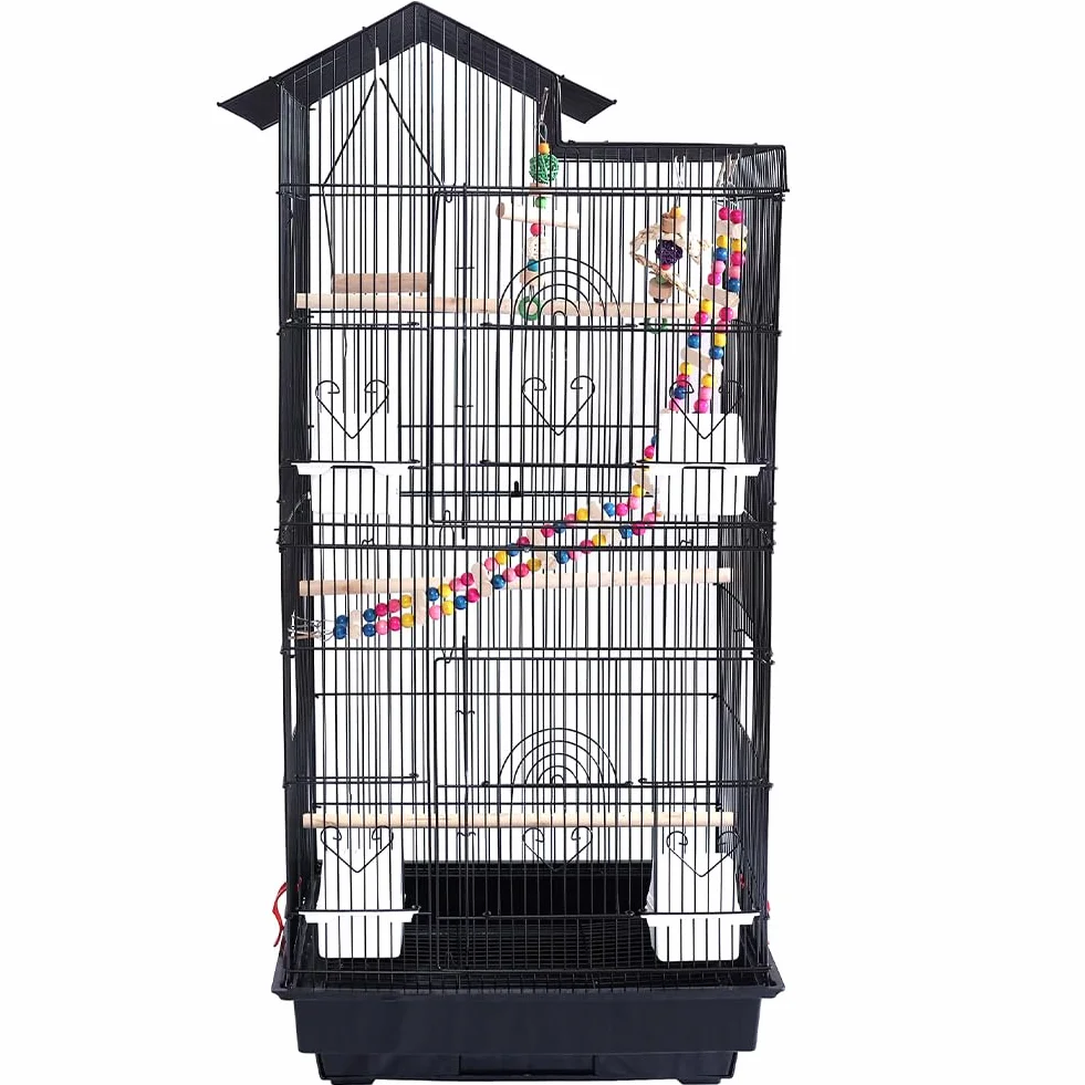 BAKAJI Jaula de Aviones para pájaros, Loros inseparables, calopsite, periquitos, volátiles, de Metal y Madera Negra con Juguetes, Accesorios, Jaula con Escalera y Bandeja extraíble