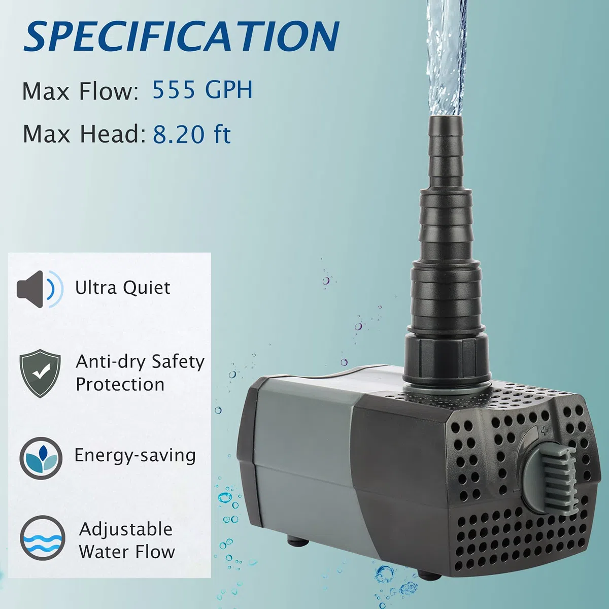 WaterRebirth HSUP-2100F - Bomba de agua sumergible con chorros de fuente - Bomba de estanque - Bomba de acuario - Bomba de fuente de plástico negro - 555 GPH, 780 L/H, 110 V, electrónica, exterior