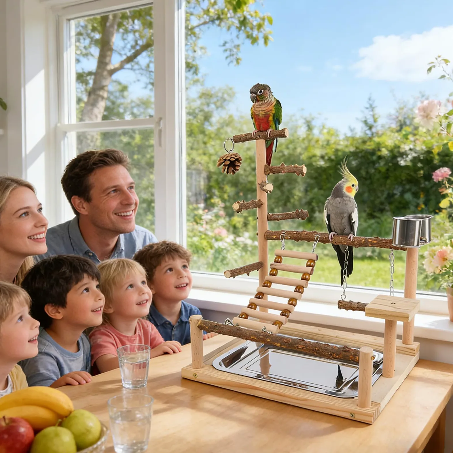 Parque De Juegos De Periquitos Parque de Juego de Madera | Soporte De Perchas Para Aves Con Tazón Y Bandeja De Acero Inoxidable Para Cotorras Pinzones Agapornis Entrenamiento