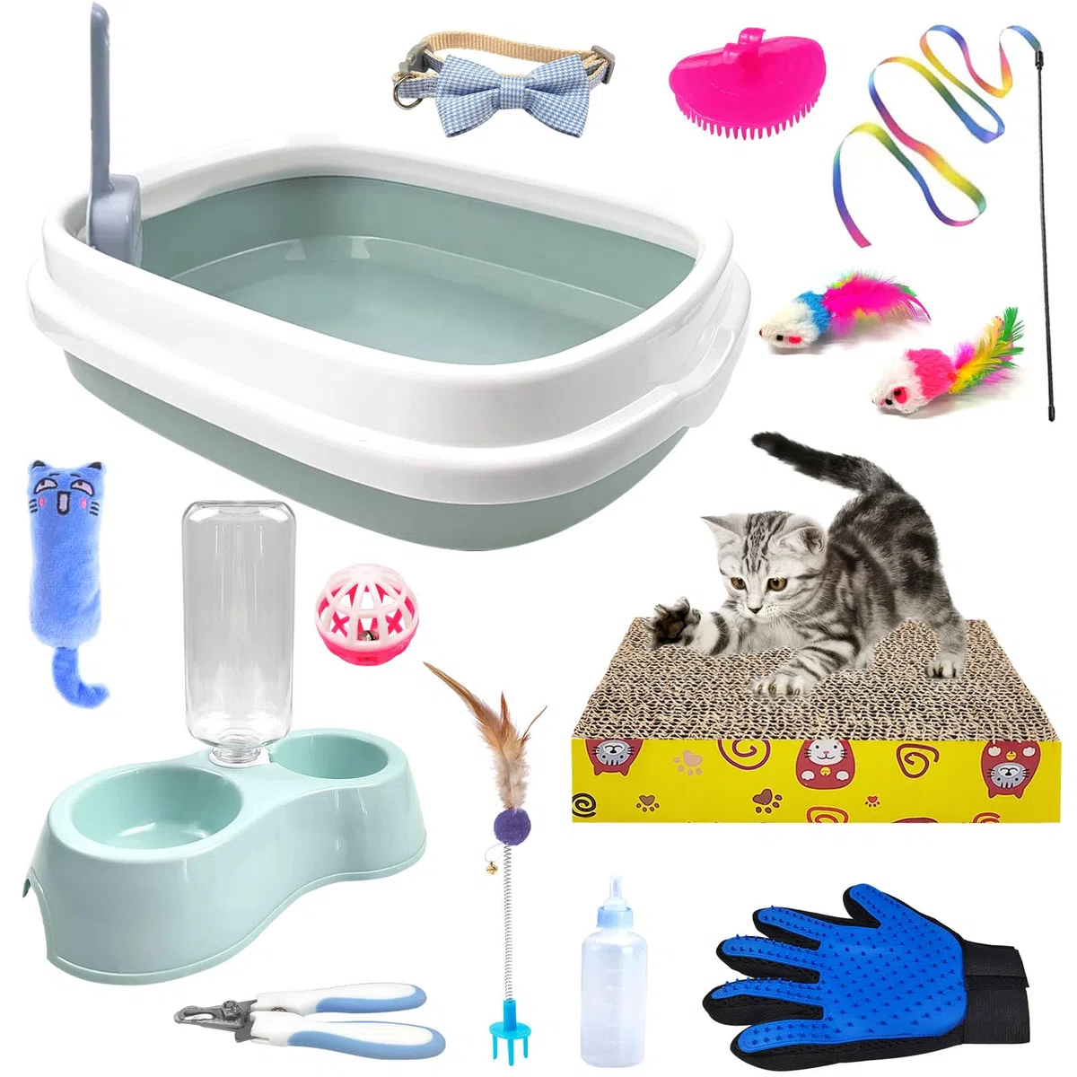 Kit de iniciación para gatitos, juego de 15 piezas esenciales para gatos, incluye caja de arena para gatos, juguetes para gatos, collares para gatos, almohadilla para rascar gatos, lima de