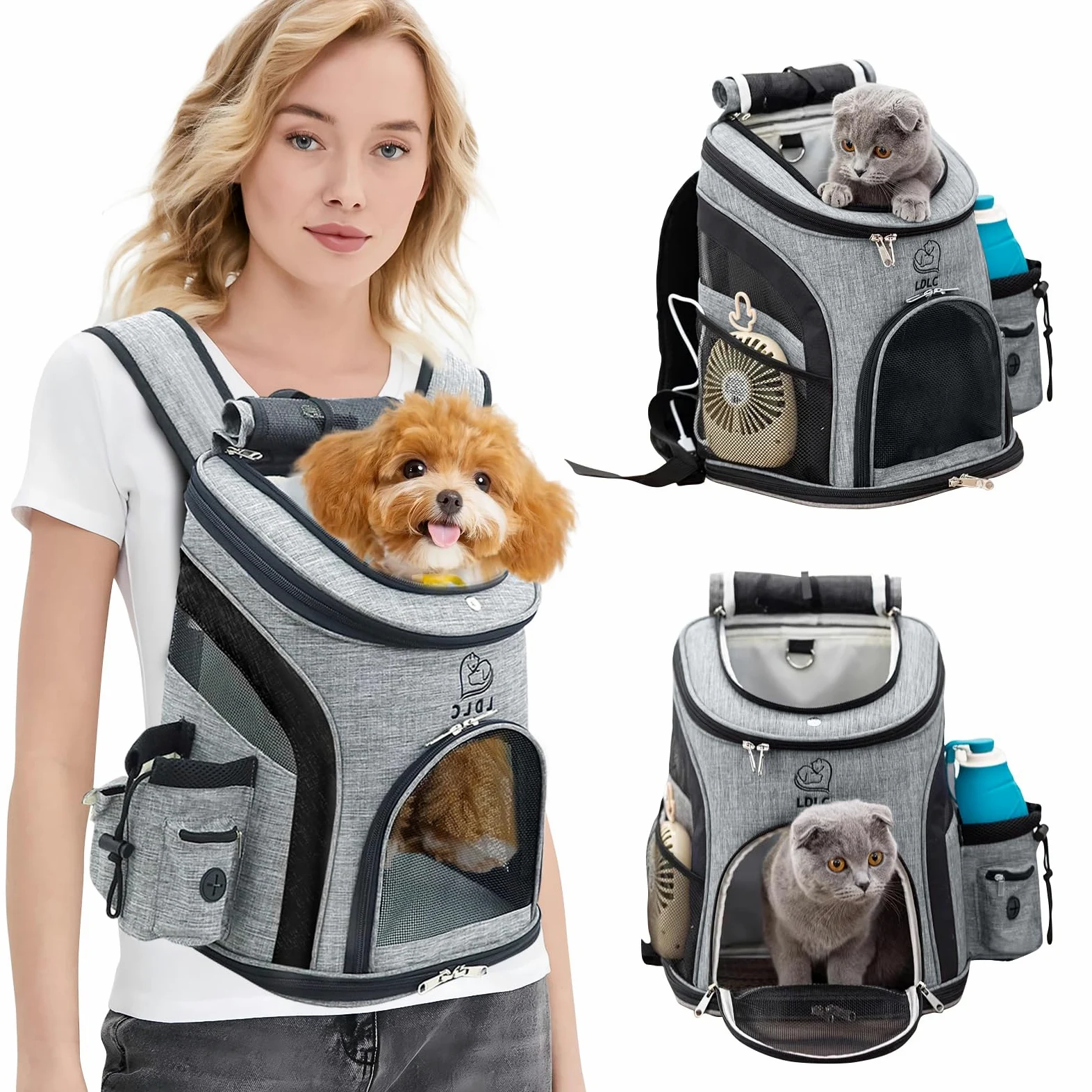 PETCUTE Mochila para Perros Pequeños,Transpirable Bolsa Transportar Gatos con Cinturón de Seguridad Interno,Adjustable Mochila Mascotas con Bolsillos,Carga Máxima 16lbs,para Viajar en Tren/avión
