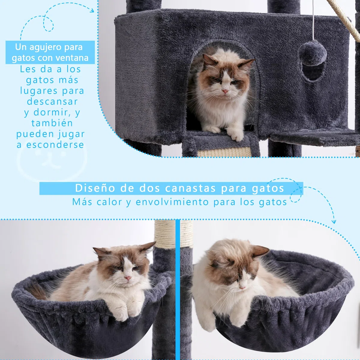 Hey-brother Rascador para Gatos XXL, Altura Ajustable, 250 cm - 280 cm, hasta el Techo, Torre para Gatos Grandes, con Cueva, Color Gris Ahumado 0MPJ091G