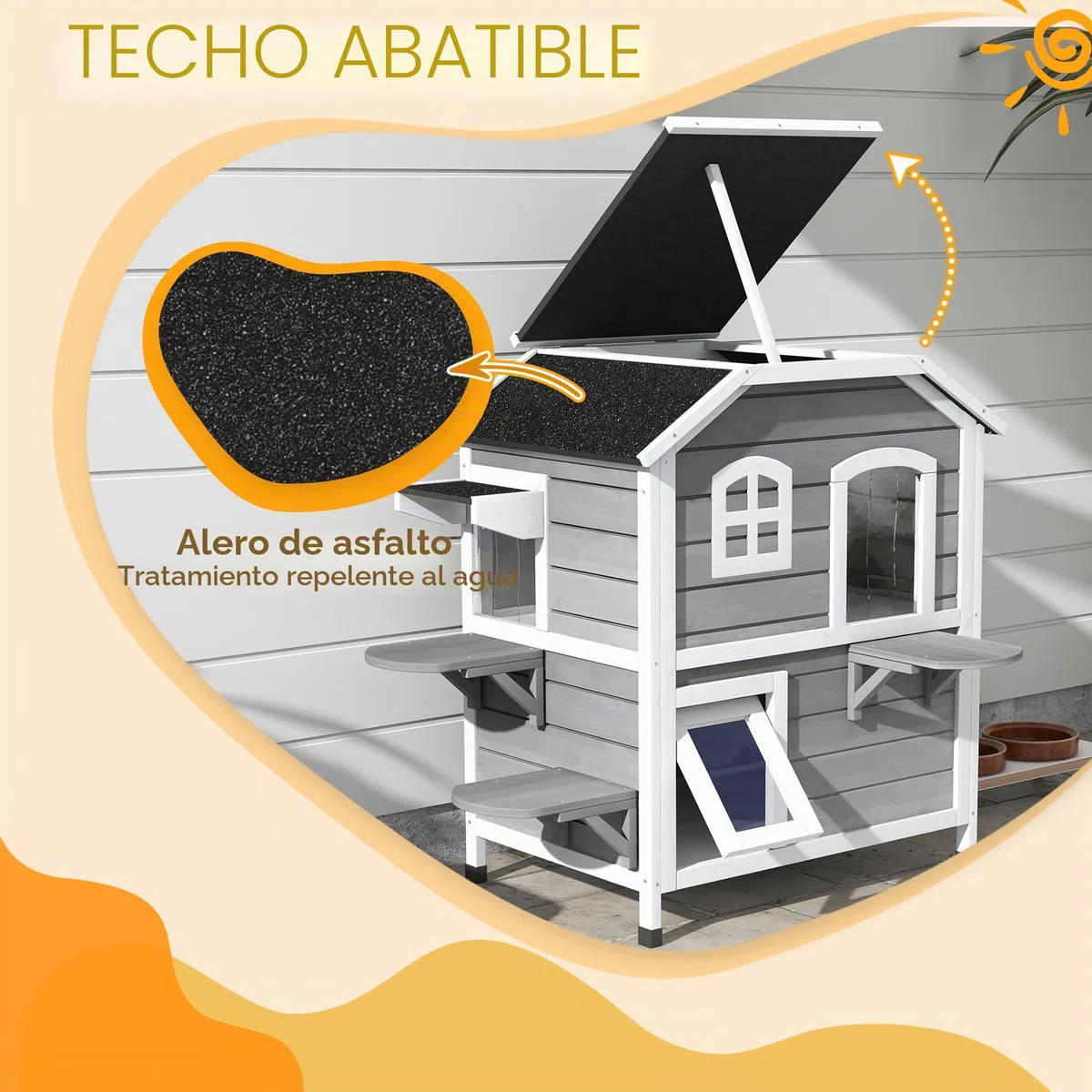Casa para Gatos PawHut con tejado de Asfalto, caseta Exterior para Gatos con escaleras, Chalet para Gatos de 2 Plantas, Impermeable, jardín, Madera de Abeto, Gris, 78 x 55,5 x 91 cm | Impermeable, caseta para gatos con techo de asfalto, tapa plegable, esc