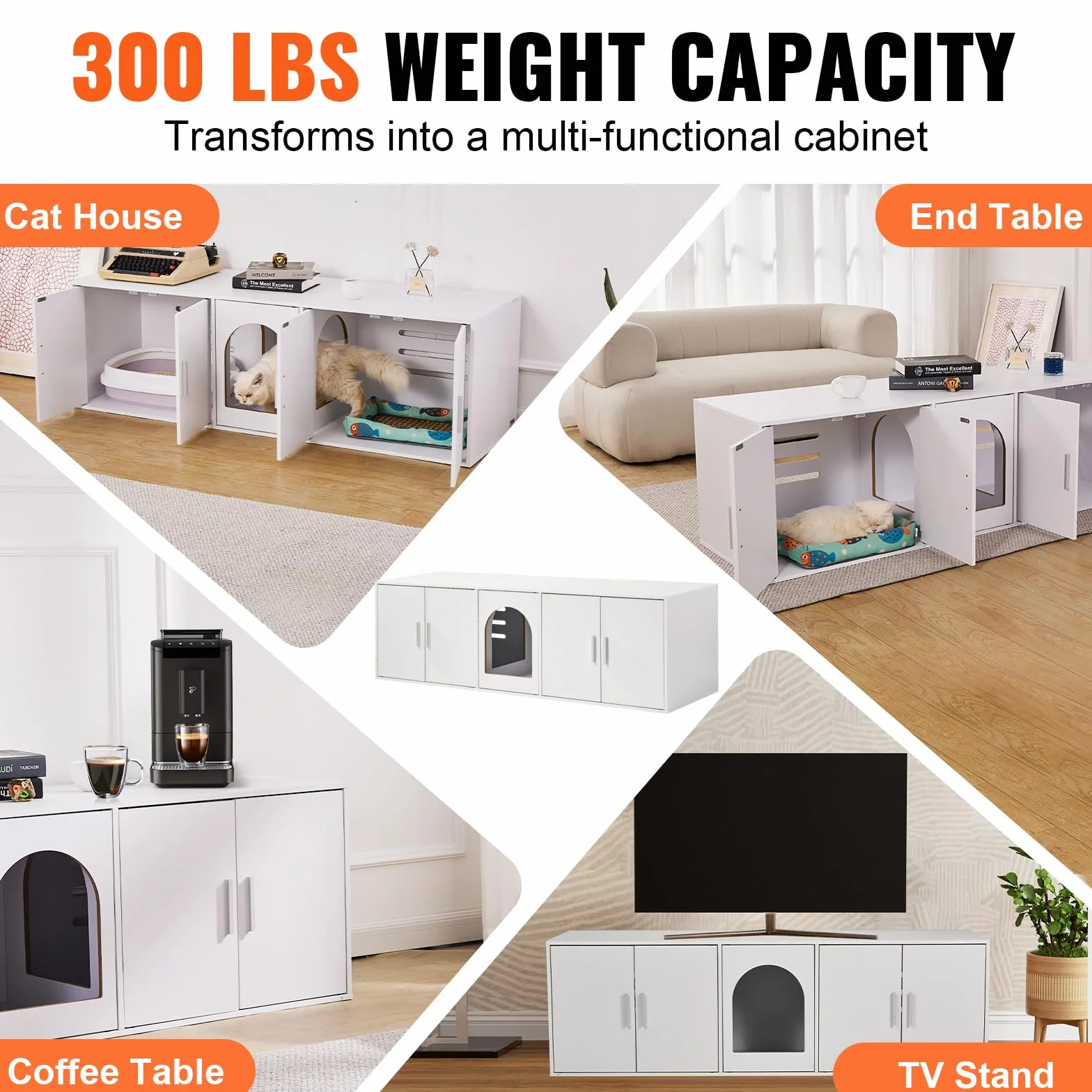 VEVOR Muebles de Baño Oculto para Gatos 1,47 x 0,46 x 0,45 m Casa de Inodoro Con Puertas Decoradas de Ratán Armario de Madera para Ocultar Las Cajas de Arena, Blanco