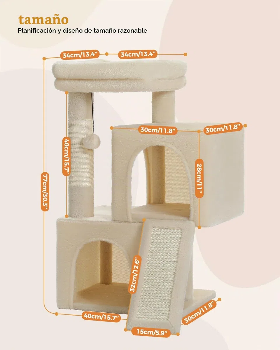 PETEPELA Rascador con doble condo para gatos de casa, casa todo en uno con barra acolchada, rampa y postes y bolas intercambiables, color beige