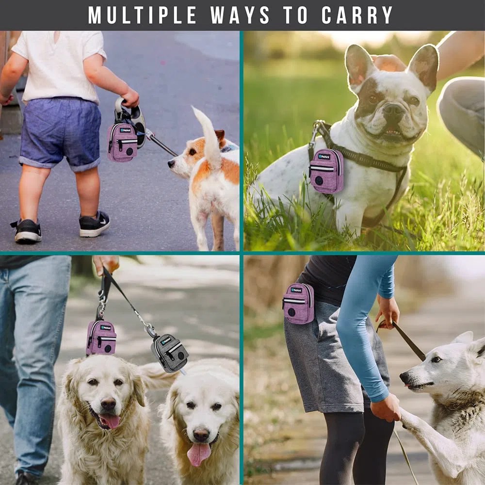 PetAmi Soporte para bolsas de excrementos de perro, dispensador de bolsas de basura para mascotas con clip para perros, accesorios para caminar, viajes, camping, bolsa de golosinas para perros,