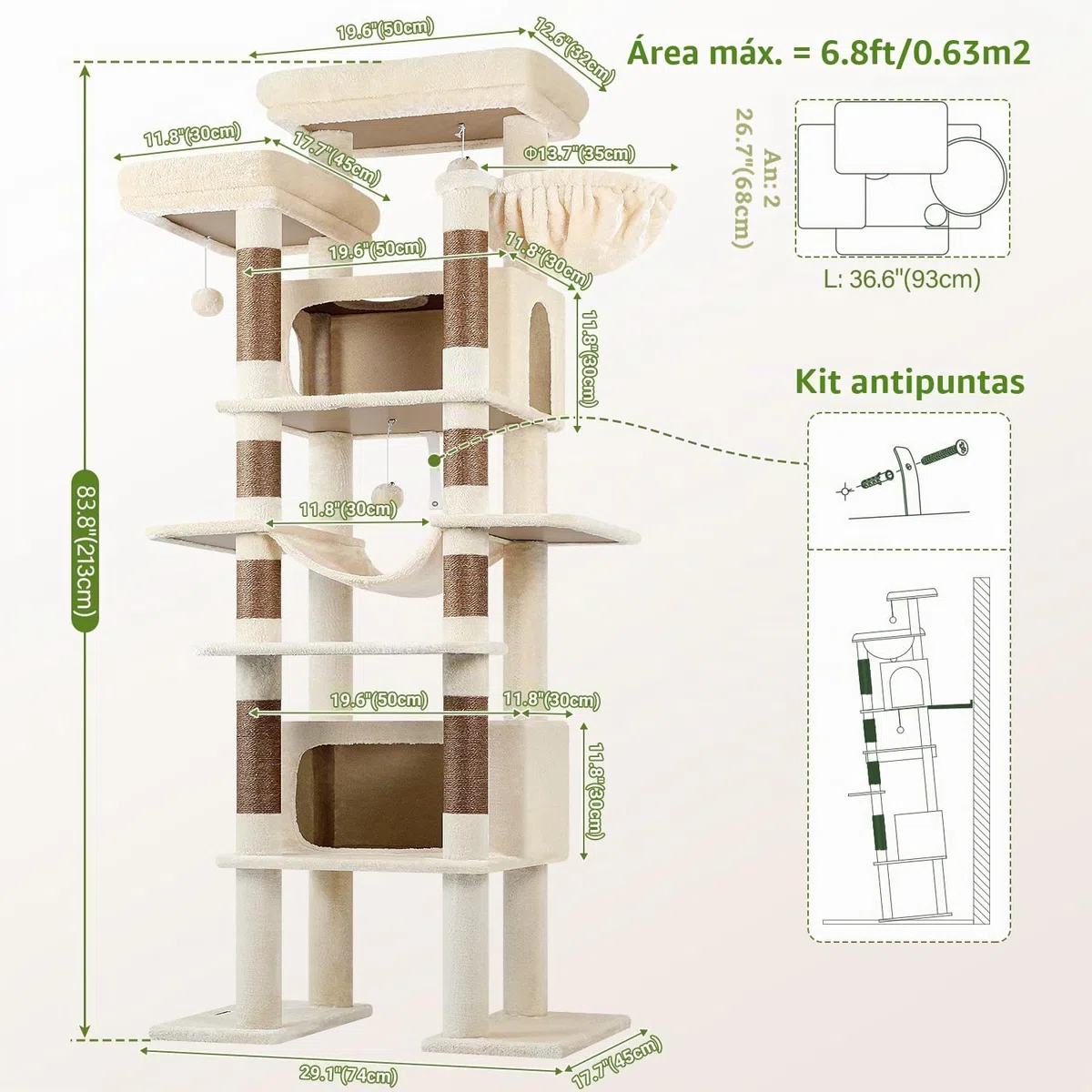 Globlazer Árbol Rascador para Gatos Beige Grandes XXL Alto 213 cm con 2 Grande Nidos 50*30*30CM, 2 Plataformas, Percha, Cesta, Lujo Estable Torre Gato Multinivel para Vario Gatos Adultos (F83B, Beige)