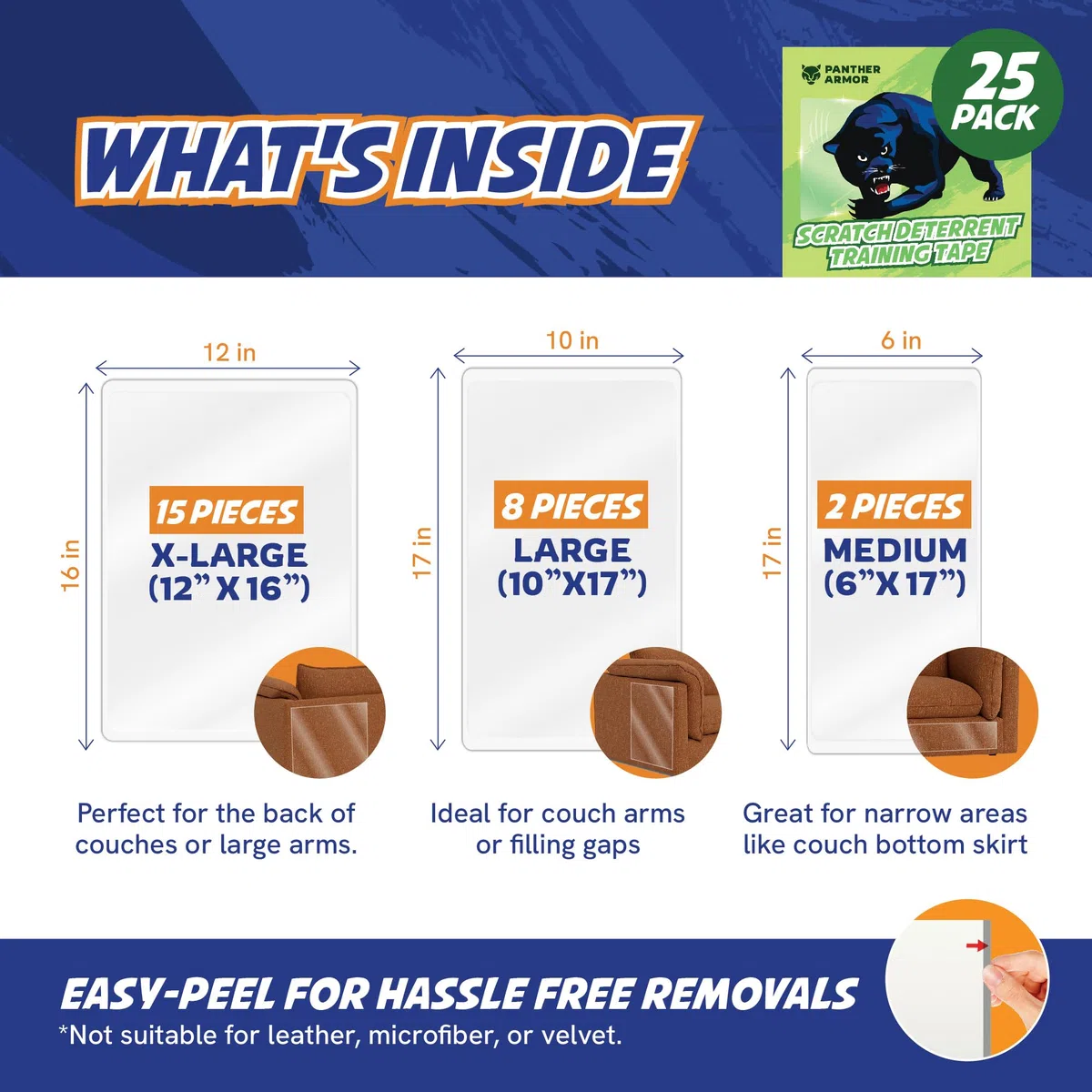 Panther Armor Protector de muebles para gatos, Mega Pack de 25 hojas, protectores de muebles contra arañazos de gatos, sin pines, cintas de entrenamiento para gatos duraderas y transparentes
