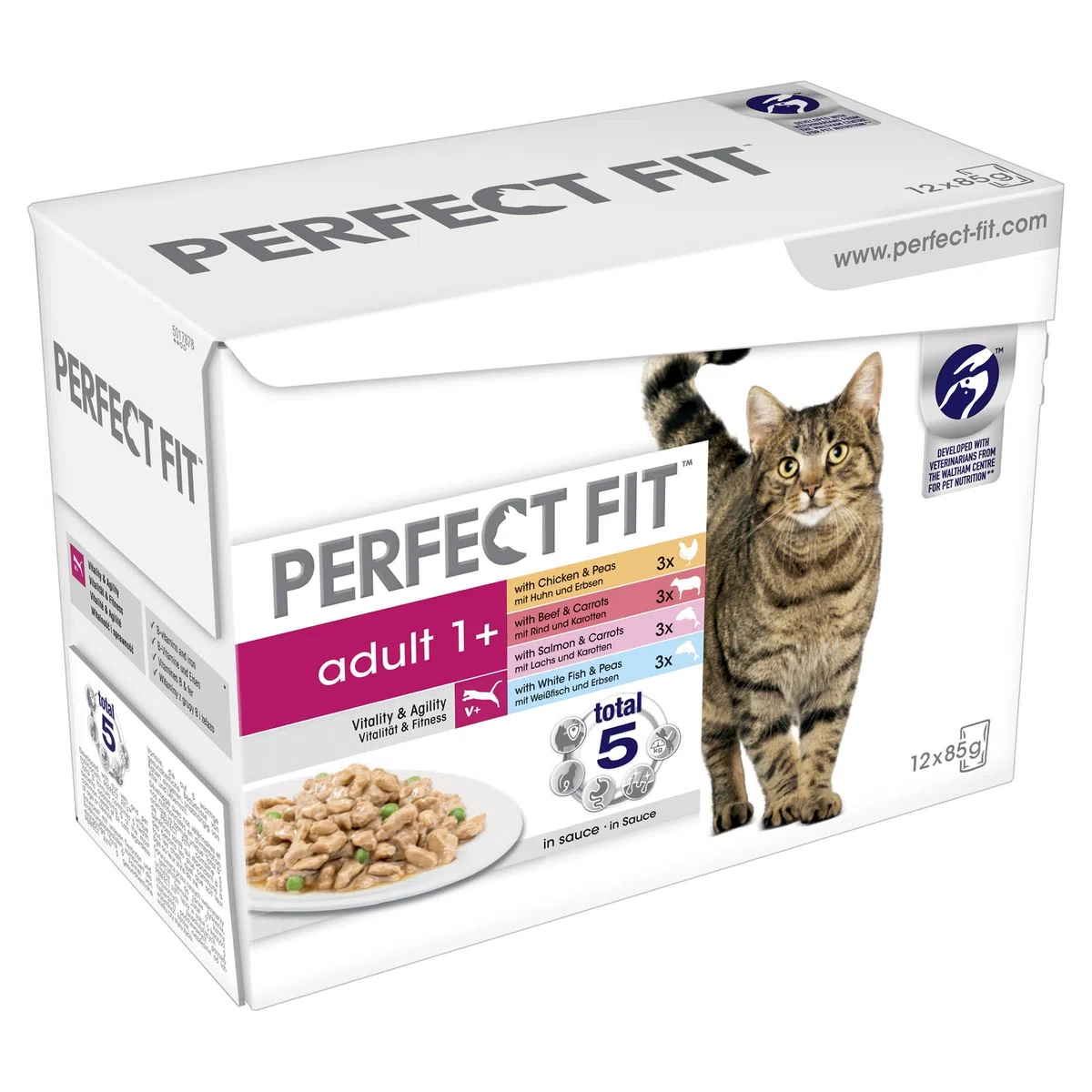 Perfect Fit Bolsas de comida húmeda para gatos - Nutrición avanzada para gatos adultos 1+, selección mixta en salsa, paquete de 4 (4 x 12 bolsas x 85 g)