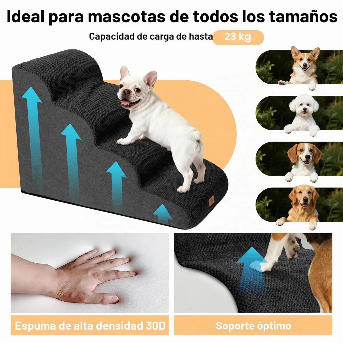 Escalera para perros pequeños, 4 peldaños, 72 x 40 x 52 cm, color negro