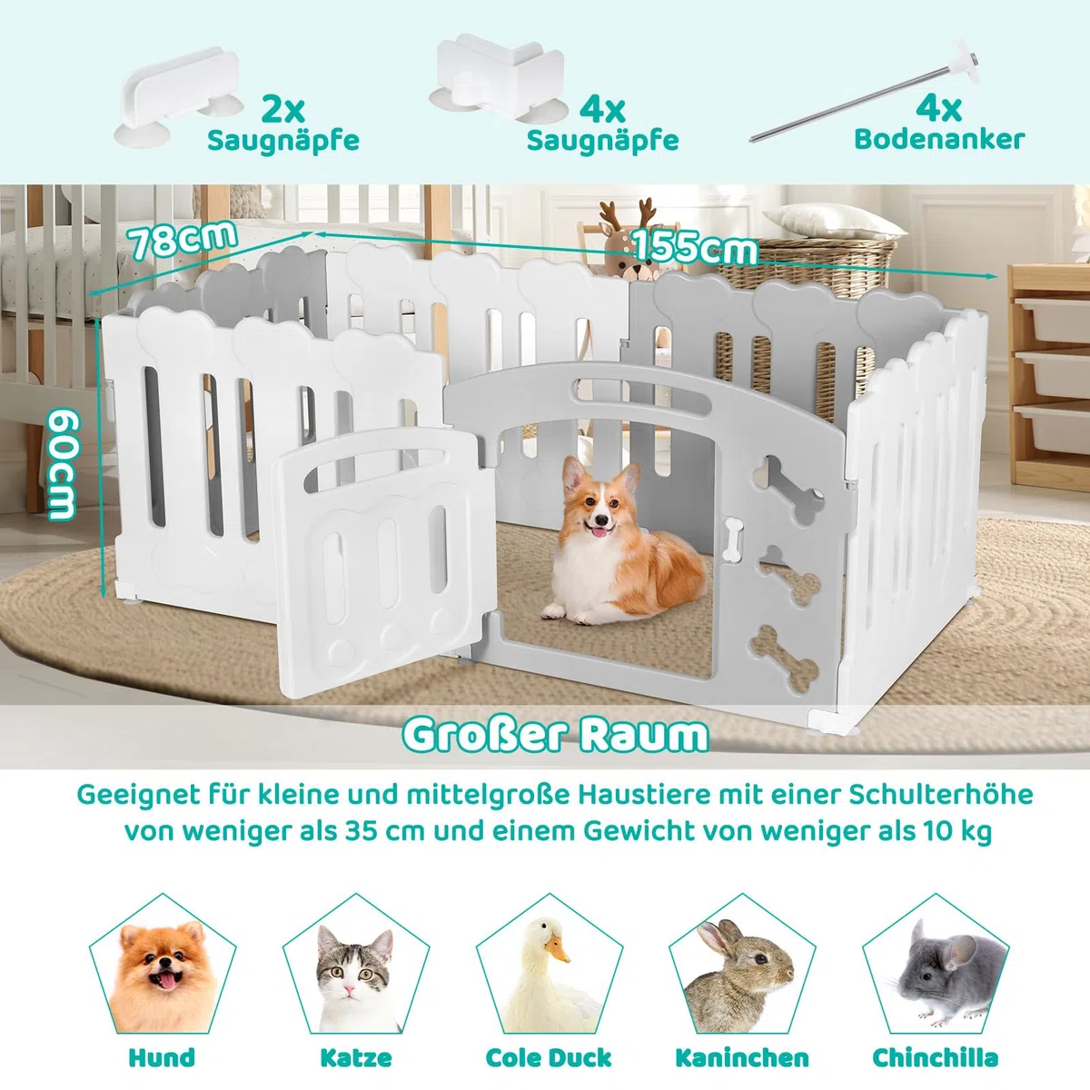 MAMIZO Parque para Perros de 60 cm Alto, Vallas Perros de 5+1 PCS Paneles | Corralito Gato de Plástico Plegable, con Ventosas y Anclajes al Suelo, Parque Conejo Interiores y Exteriores, Gris-Blanco