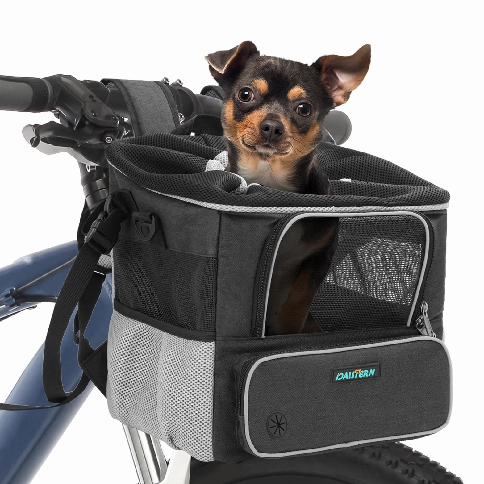 DAISTERN de BSWAY Cesta Bicicleta para Perros hasta 4KG, Cesta Delantera Bicicleta con Soporte Φ53mm, Mochila/Bolsa de Hombro/Asiento de Coche con Ventanas de Malla Transpirable, Cojín Impermeable
