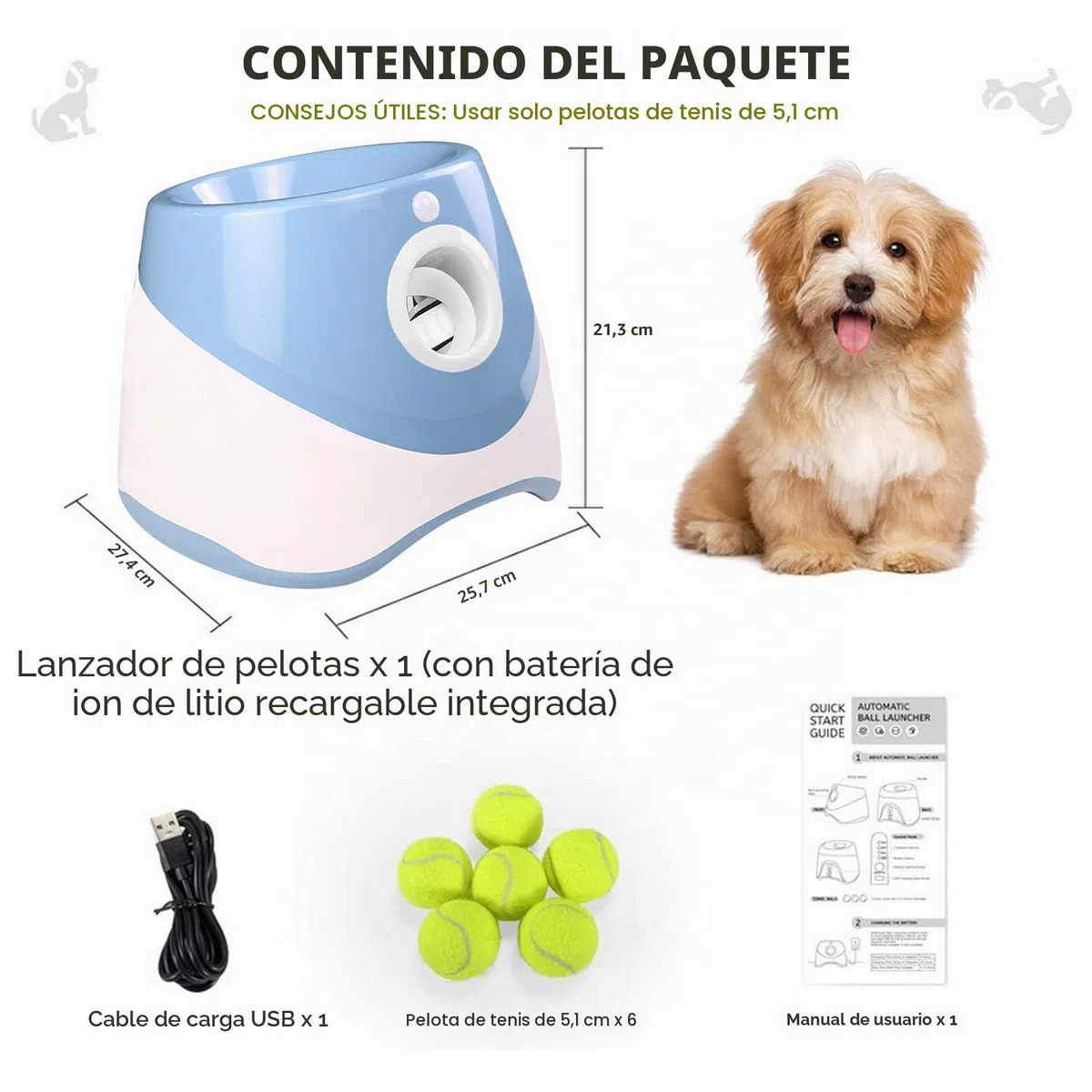 Lanzador automático de pelotas, para perros con 6 pelotas de tenis de 2 pulgadas, puede lanzar 10-30 pies, máquina interactiva de bolas para perros pequeños y medianos