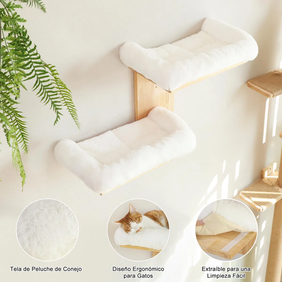 FUKUMARU Estantes de pared para gatos, 2 plataformas, muebles de pared para gatos, estante flotante en forma de árbol con cojín suave, percha de madera maciza para gatos de 16 pulgadas, apto para