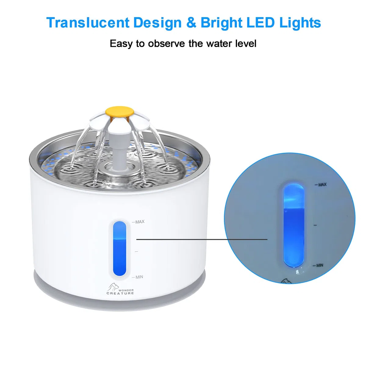 Fuente de agua para gatos, fuente de agua de acero inoxidable, dispensador de agua para gatos de 2,4 L con 3 filtros de repuesto y cepillos de limpieza, ventana de nivel de agua ultra silenciosa con