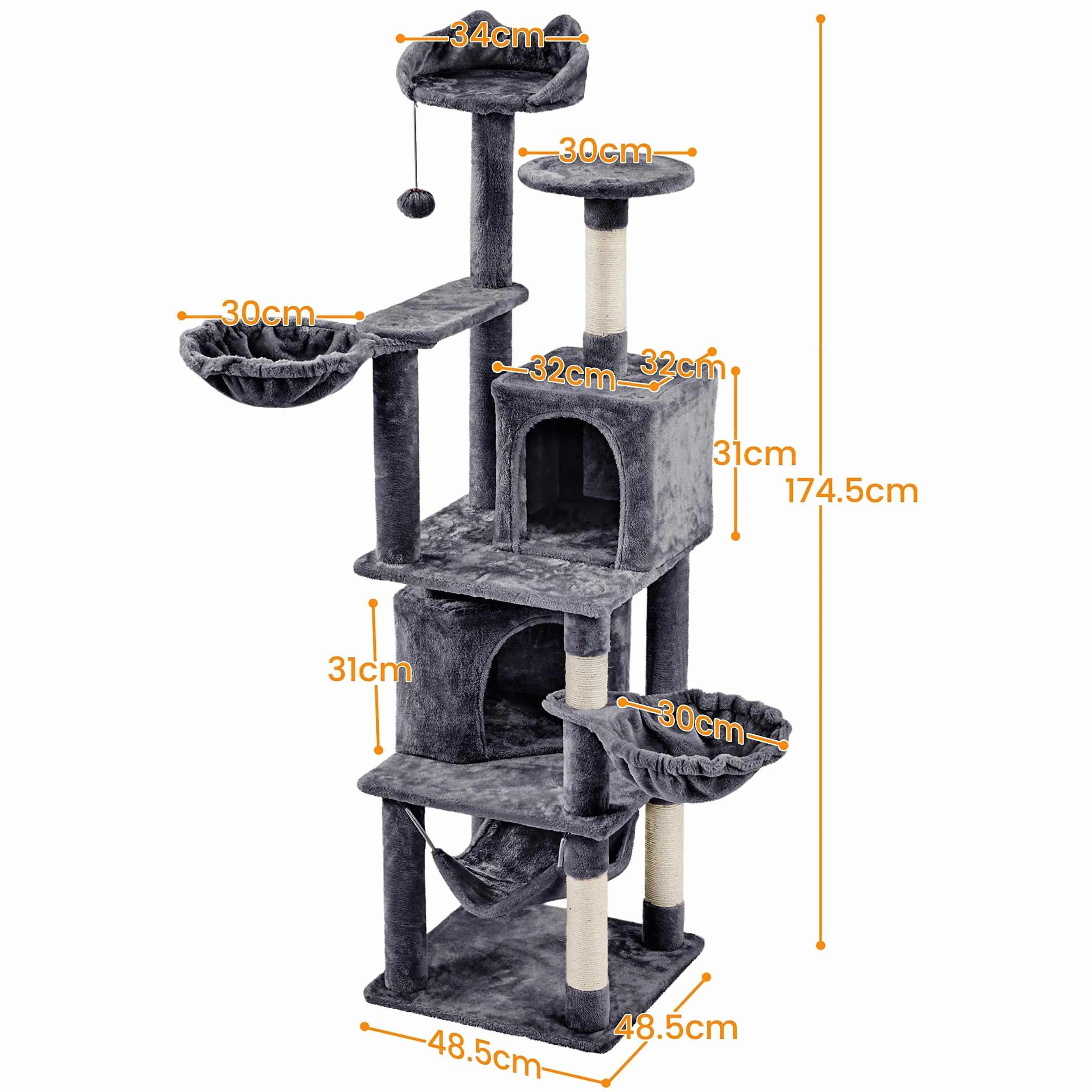 Yaheetech Rascador XXL para Gatos de 175 cm de Altura para Gatos Grandes, árbol de Escalada Estable con columnas de sisal y Plataformas, Hamaca de Peluche, Color Gris Oscuro