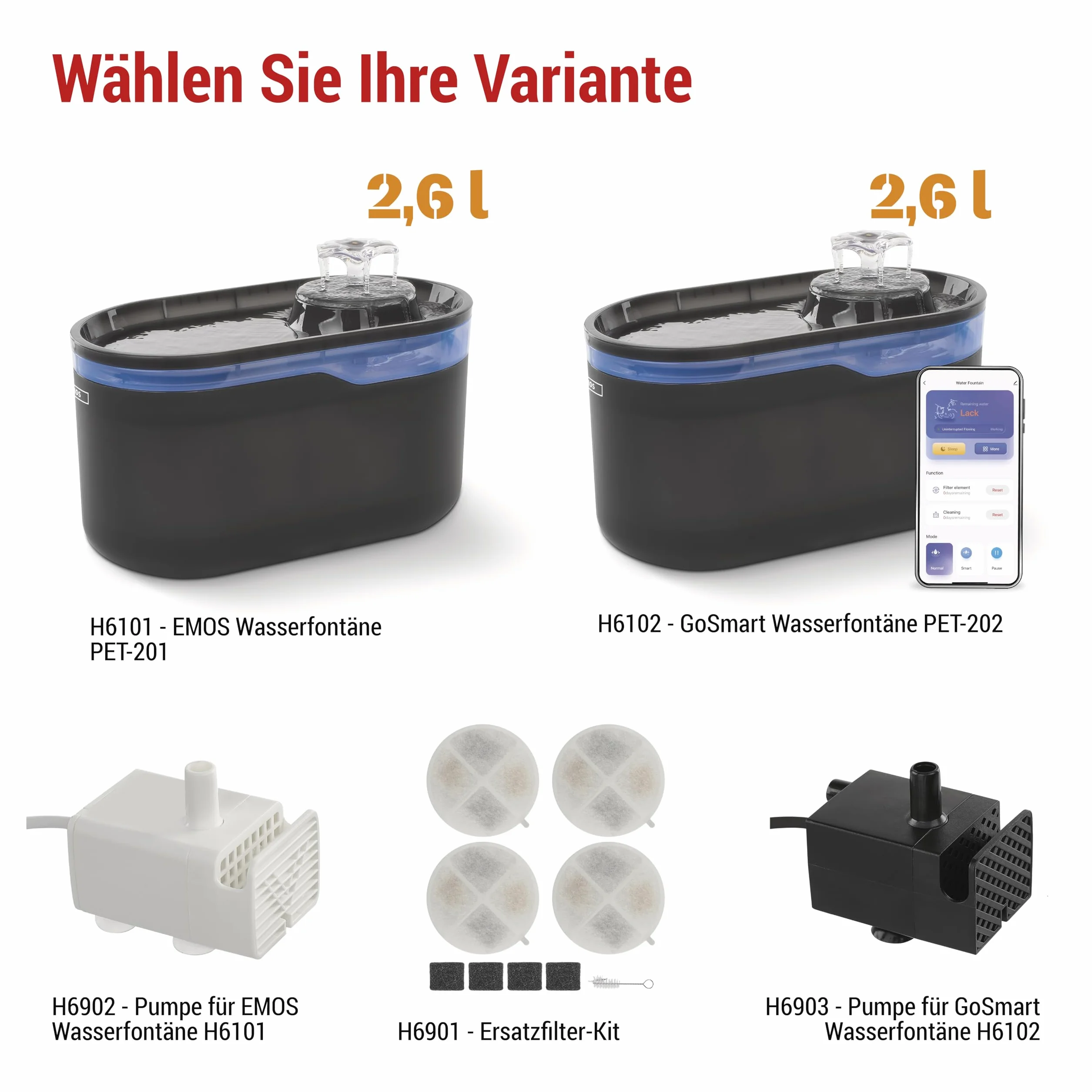 EMOS GoSmart Fuente para Gatos de 2,6 l con Sistema de filtración - Fuente de Agua Potable para Mascotas - Dispensador de Agua Dulce - Gris