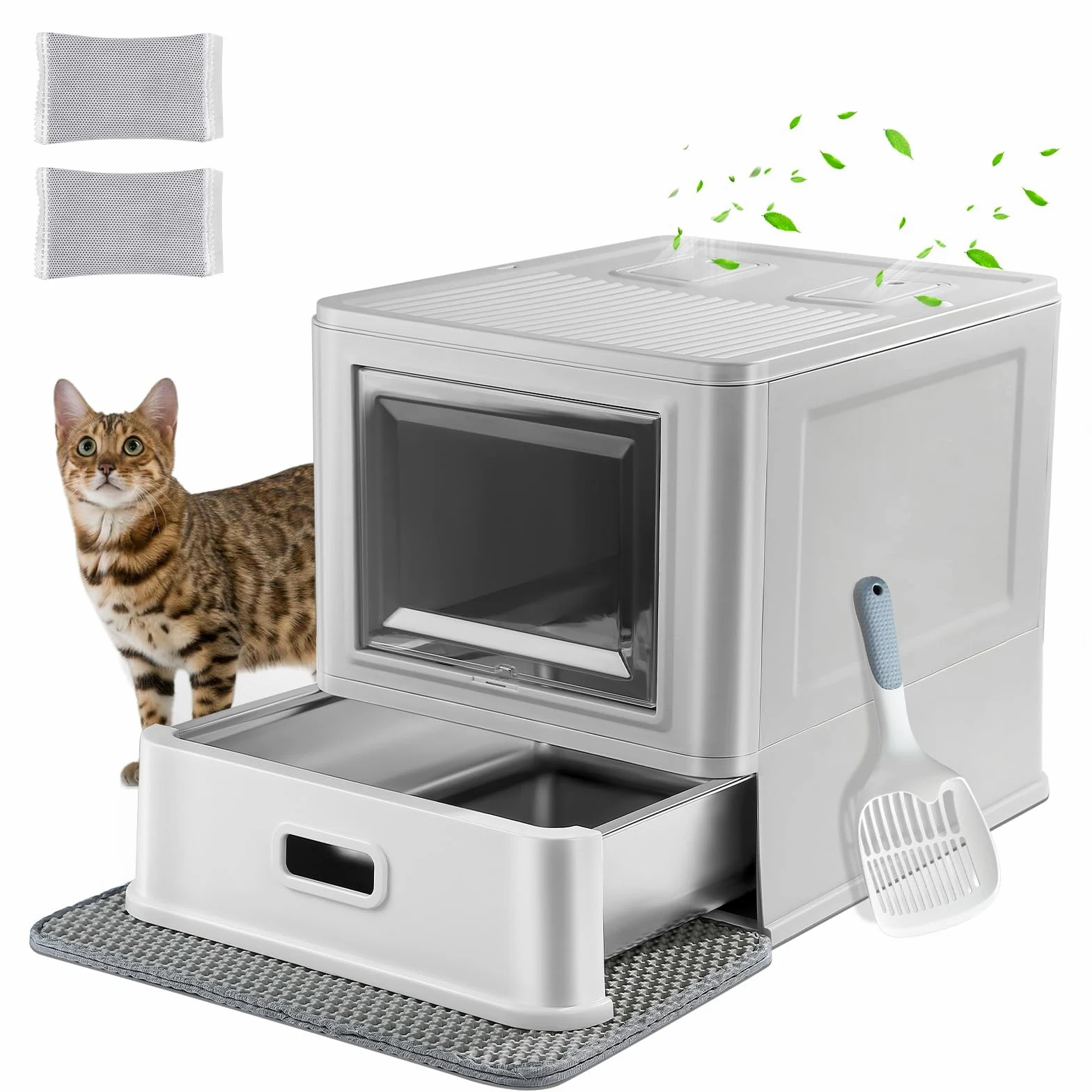 Marchul Caja de Arena para Gatos, Cerrada en Acero Inoxidable con Tapa y Diseño de Cajón Extraíble, Bandeja con Tapa, Deflectores Antifugas, Incluye Paleta y Tapete, Libre de Olores, Con base mejorada