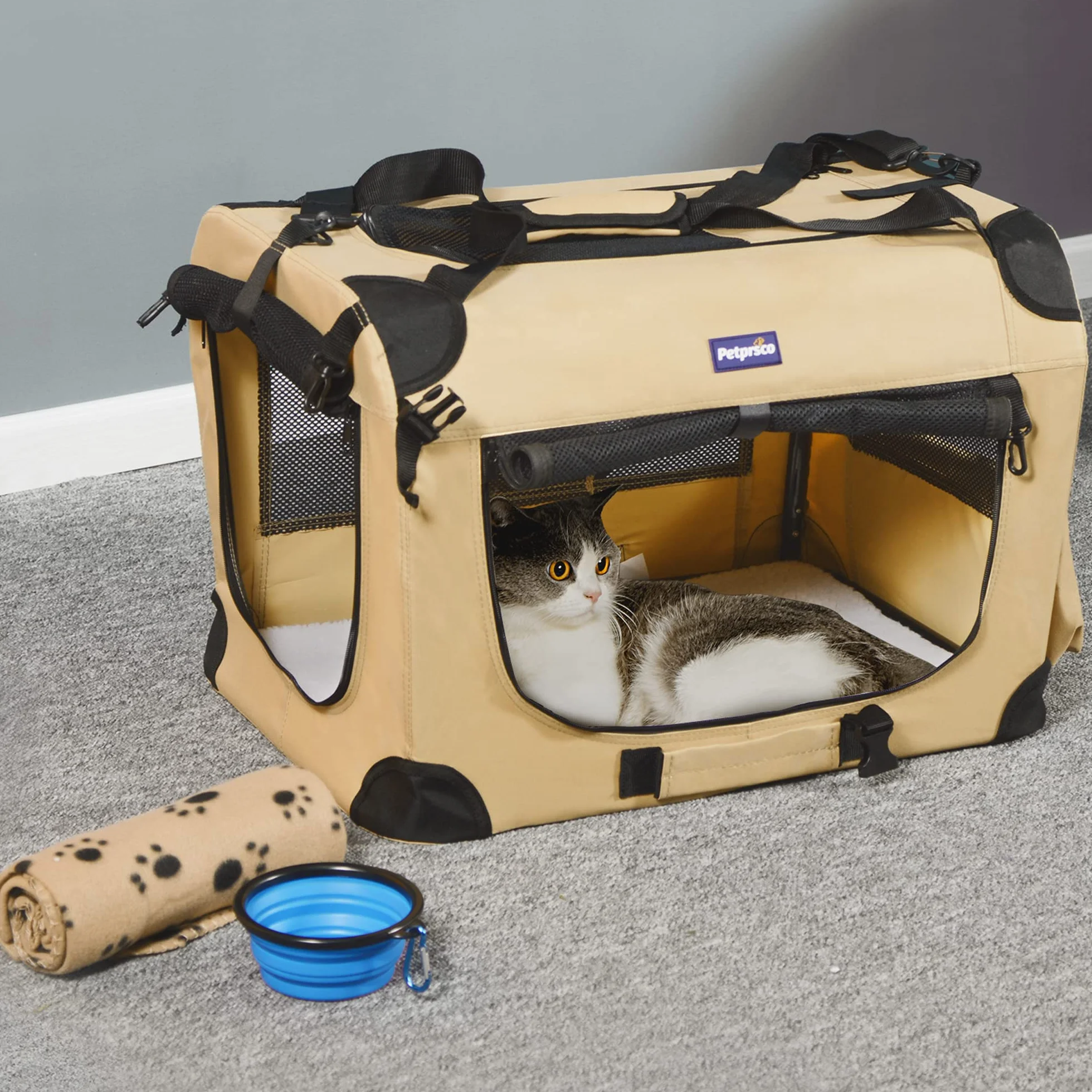 Petprsco Transportín para Mascotas, Lado Suave, para Gatos, Perros pequeños, 3 Puertas, Suave, Plegable, con Correas para Gatos, Cachorros, Viajes, Plegable, cómodo, diseño portátil