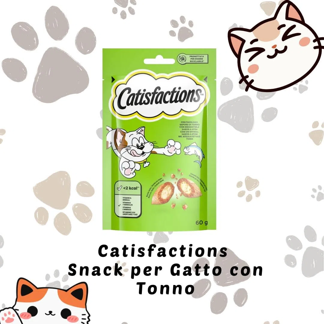 Snack para gatos Catisfactions, snack para gatos adultos y cachorros con sabor a atún | 6 paquetes de 60 gramos cada uno.