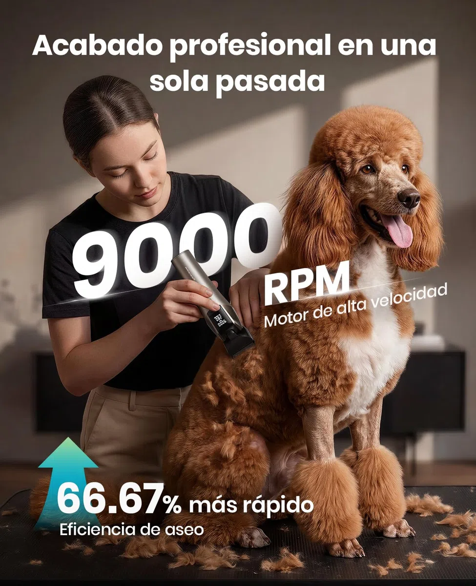 oneisall Maquina Cortar pelo Perros Profesional | 9000 RPM 5 velocidades para pelajes gruesos, cuchilla 5-en-1 DLC, autonomía de 280 min, 8 peines guía metálicos