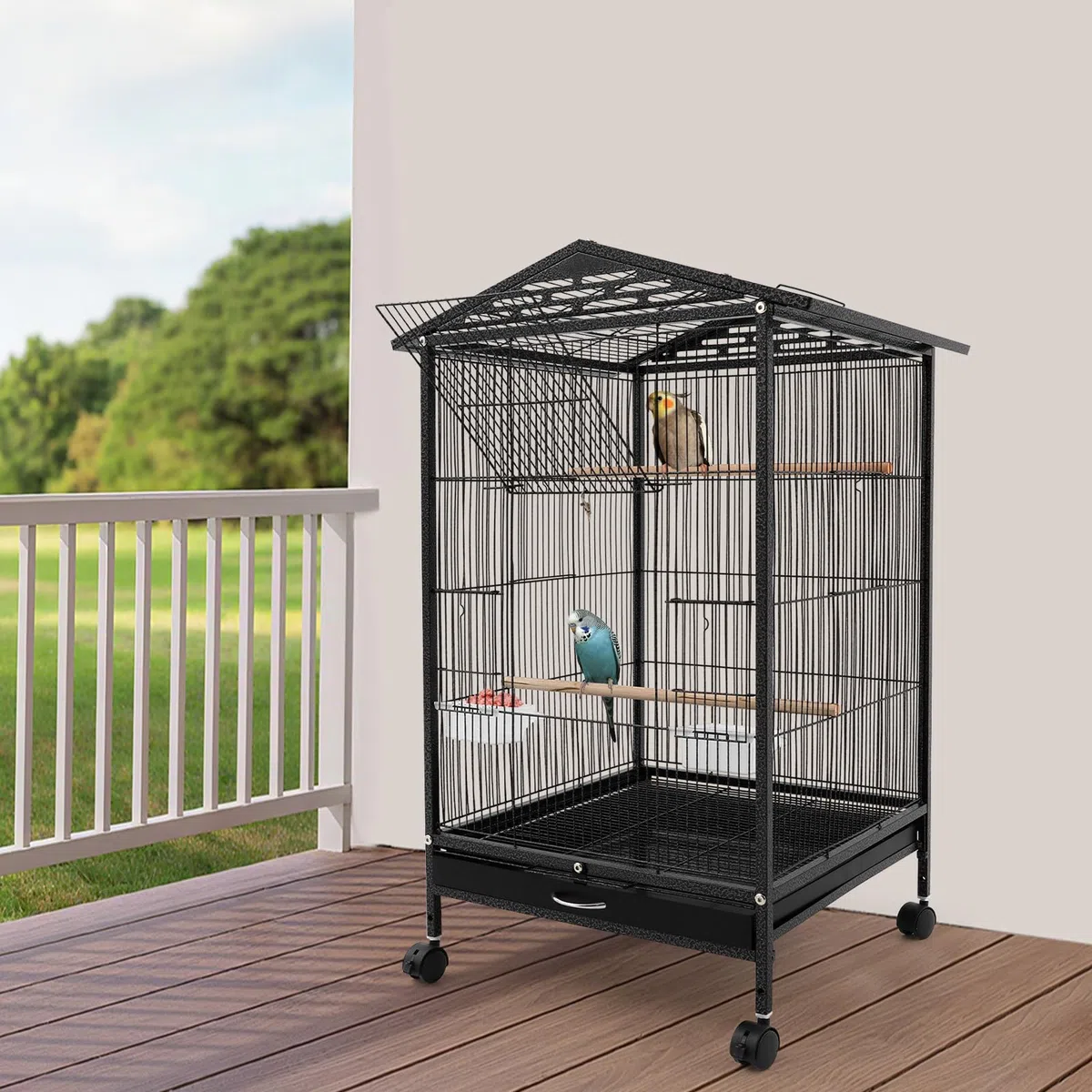 jaula grande independiente para pájaros, aviario con 4 ruedas, jaula para pájaros con bandeja para suciedad, barras de percha, jaulas de hierro para pájaros, jaula para periquitos, negro