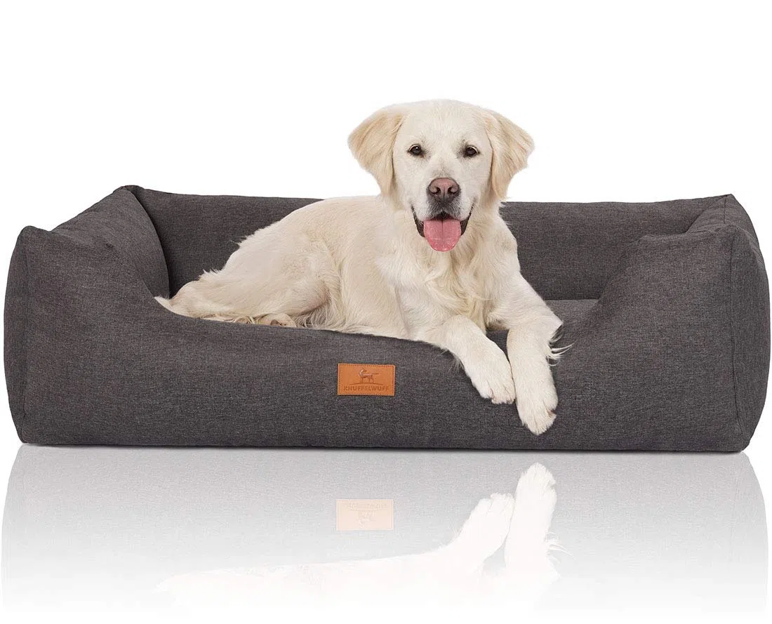 Knuffelwuff Cama para perros Lotte de terciopelo con fino tejido a mano, XL, 105 x 75 cm, color gris, funda extraíble, lavable, para perros grandes, medianos y pequeños
