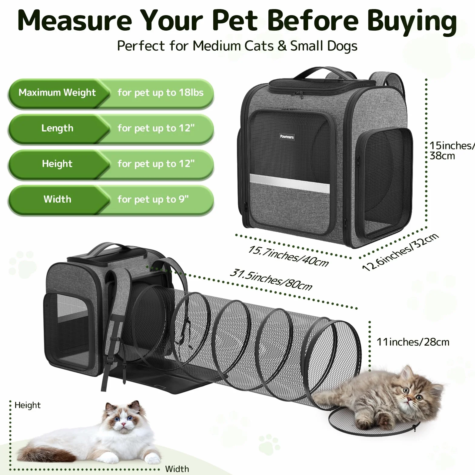 Pawtners Mochilas transportadoras para Gatos con túnel de Juego expandible para Gatos, Mochila para Mascotas aprobada por aerolíneas para Perros pequeños y Gatos Grandes de hasta 25 Libras,