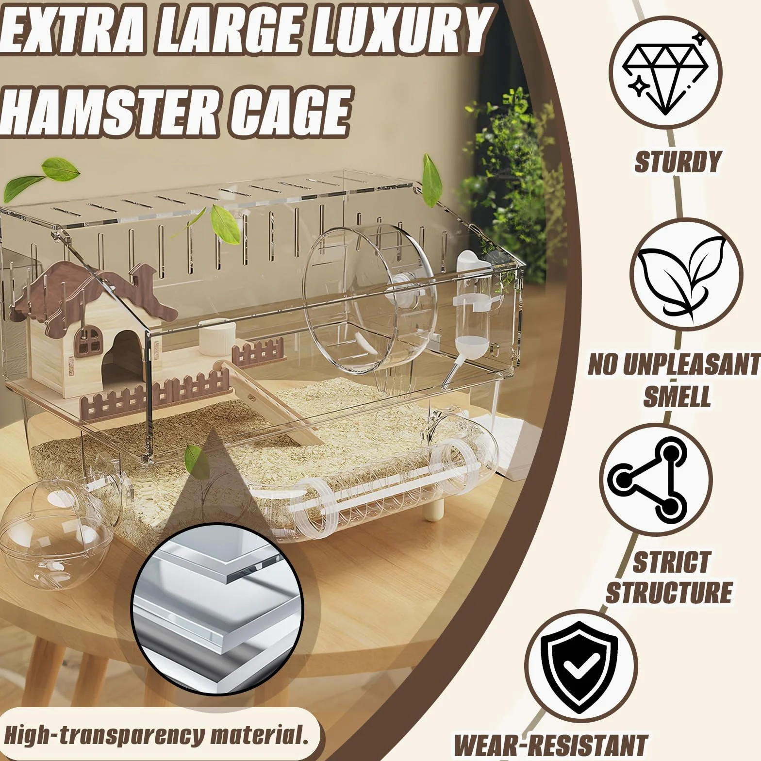 Jaula Hamster, 43 x 30 x 34 cm Jaula Grande para Hámster de Acrílico con Zona de Descanso Rueda de Ejercicio Túnel Baño Exterior Tetera y Comedero para Animales Pequeños para Jugar y Retozar