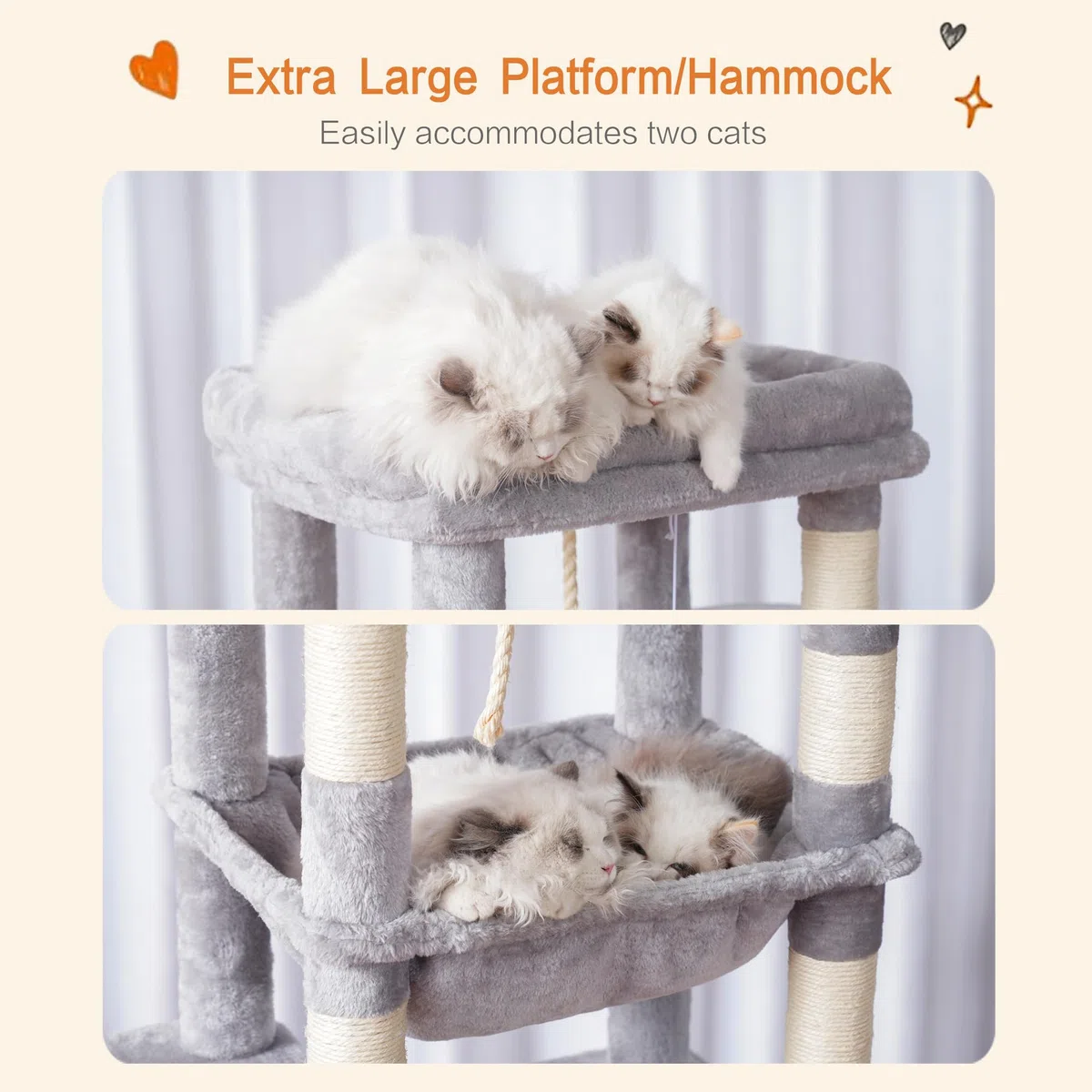 Heybly Arbol para Gatos, Altura 153 cm,con 7 Postes Rascadores, Plataformas, Cesta, Cueva, Hamaca, Pompones, Adultos Torre de Gatos Casita Juego para Mascota Gris Claro HCT050W