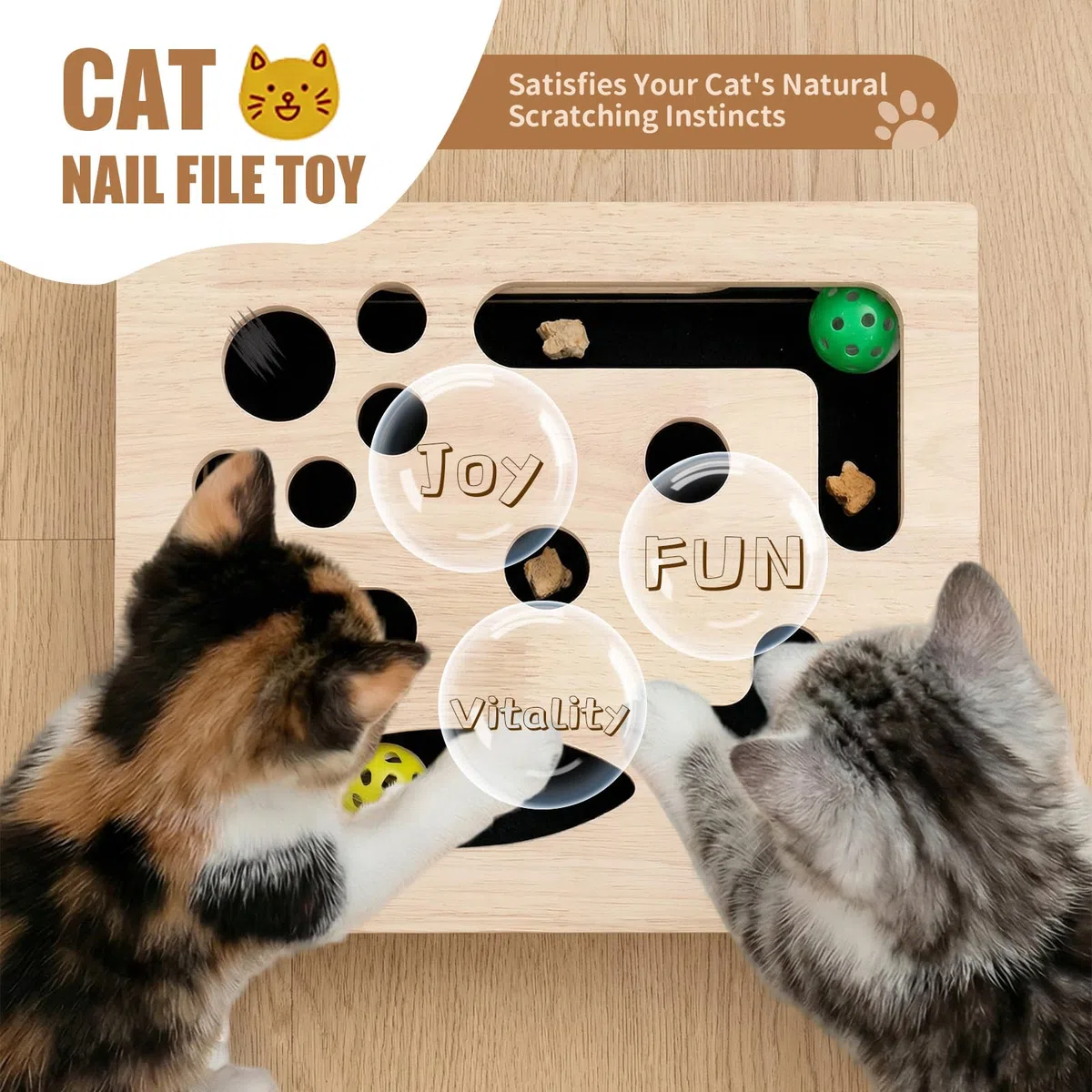 Caja de enriquecimiento de rompecabezas para rascar gatos, caja de enriquecimiento de lima de uñas de gato de madera maciza lisa con papel de lija integrado, caja de lima de uñas para gatos
