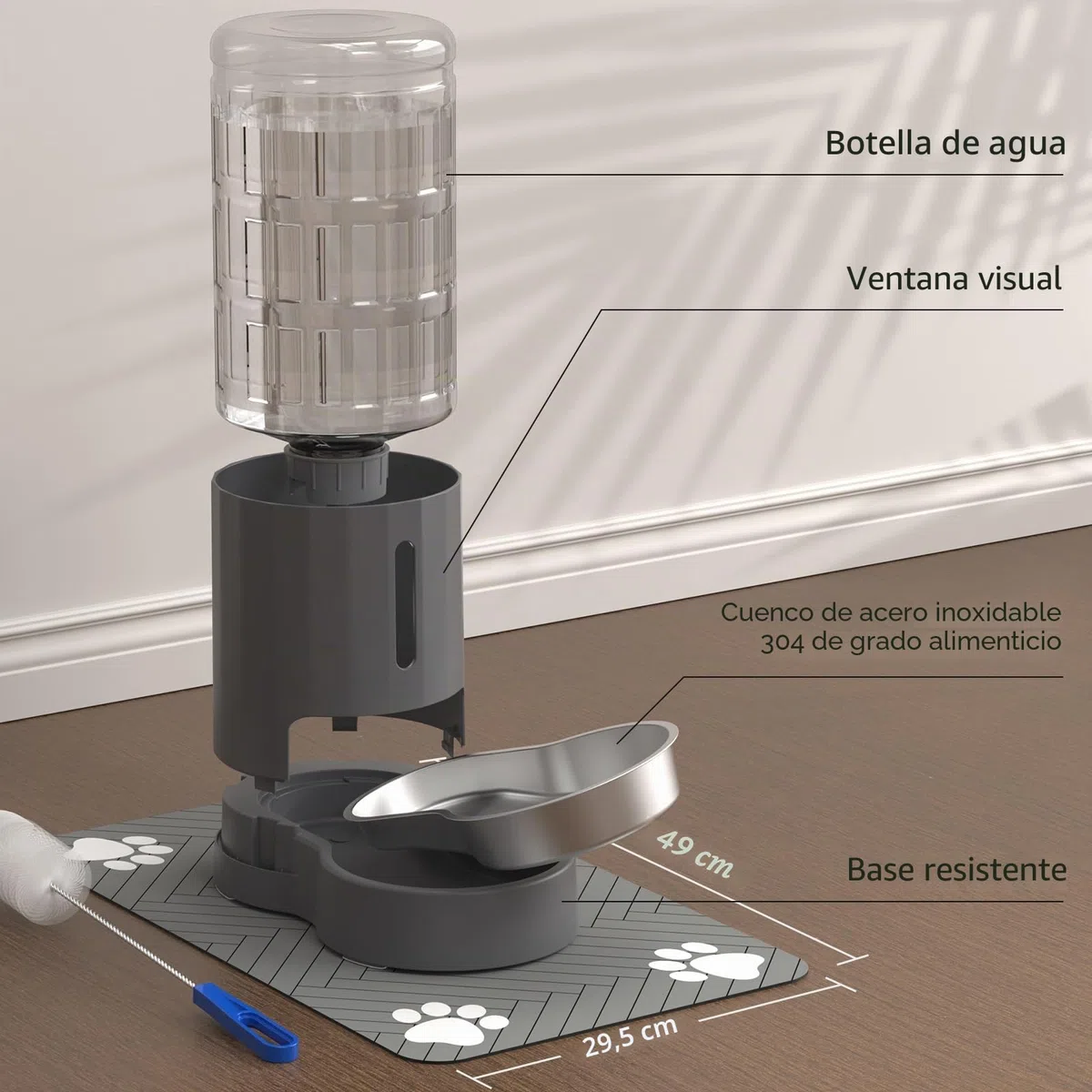 JUNSPOW Dispensador de agua para gatos con mantel individual y cuenco de acero inoxidable (4 L)