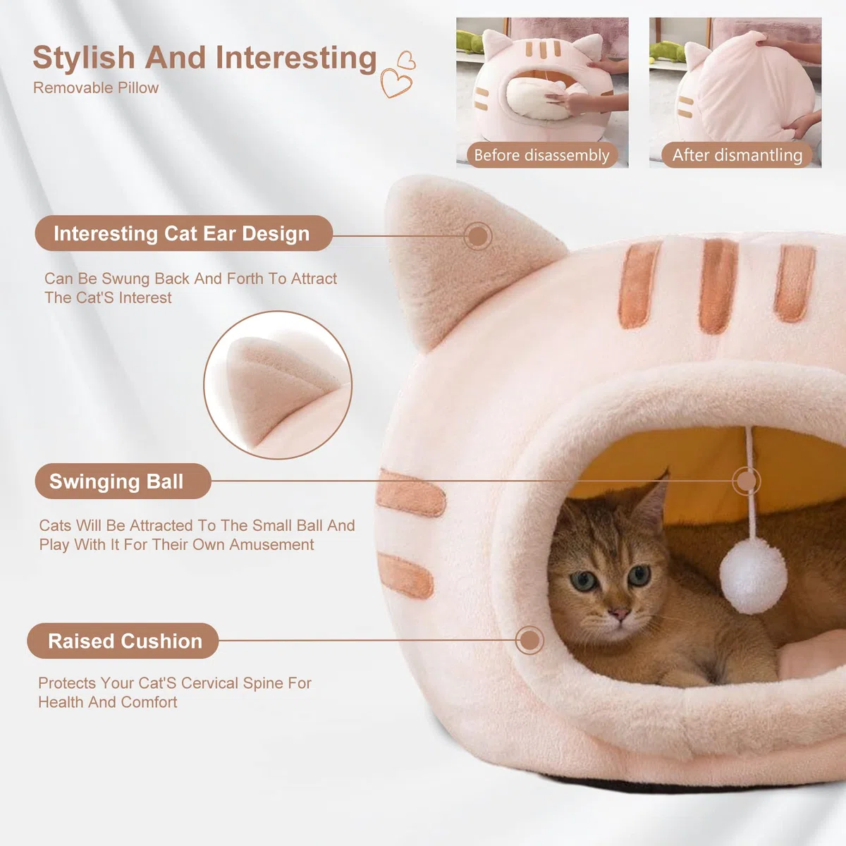 PETCUTE Cama de Cueva para Gatos, Suave Cálida Camas para Gatos con Cojín Extraíble y Fondo Antideslizante,Lavable Súper Suave Cama para Mascotas,Nido de Cueva para Gatos Pequeños,Perro