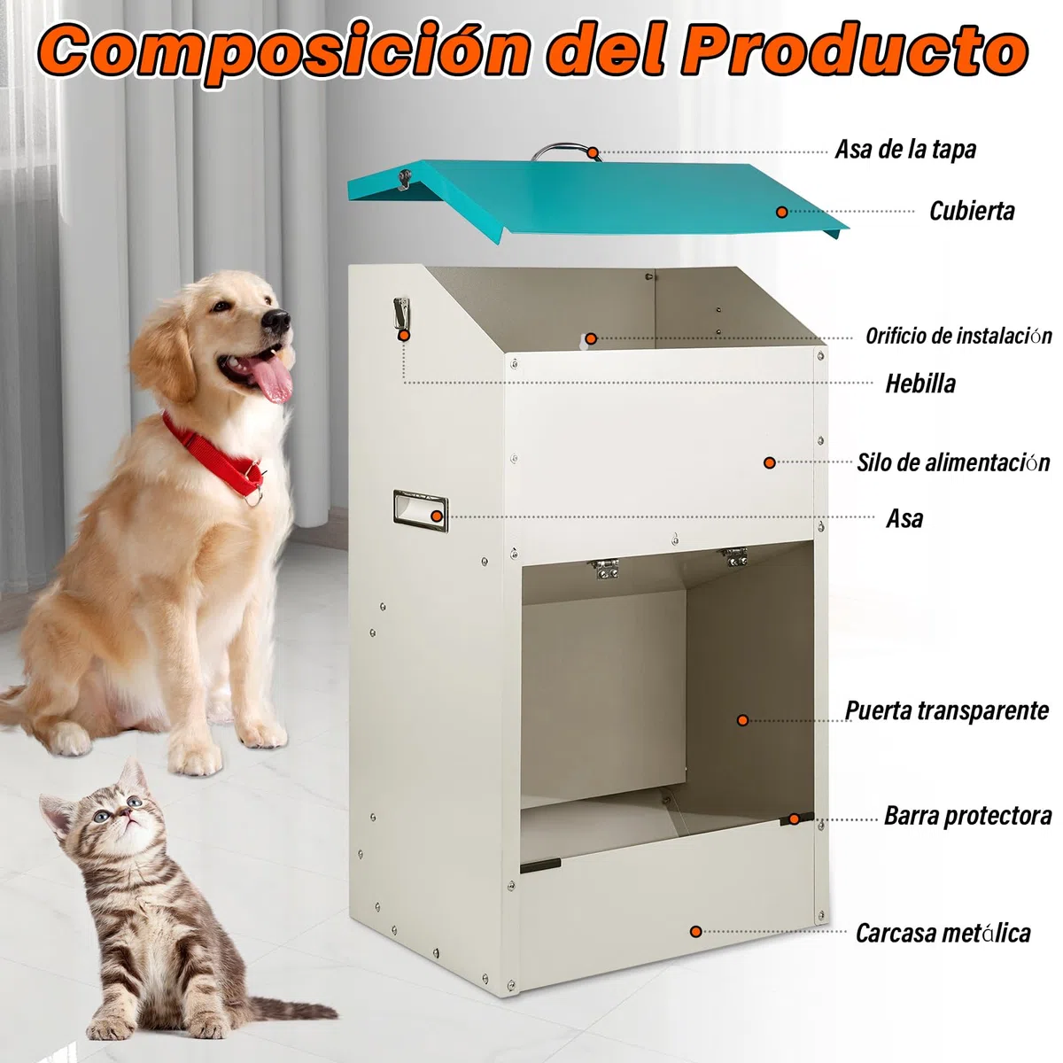 Alimentador automático para Grandes Perros de 50 lbs, alimentador automático Exterior, Distribuidor de Alimentos para Grandes Perros, alimentador de Gravedad galvanizado de Gran Capacidad para