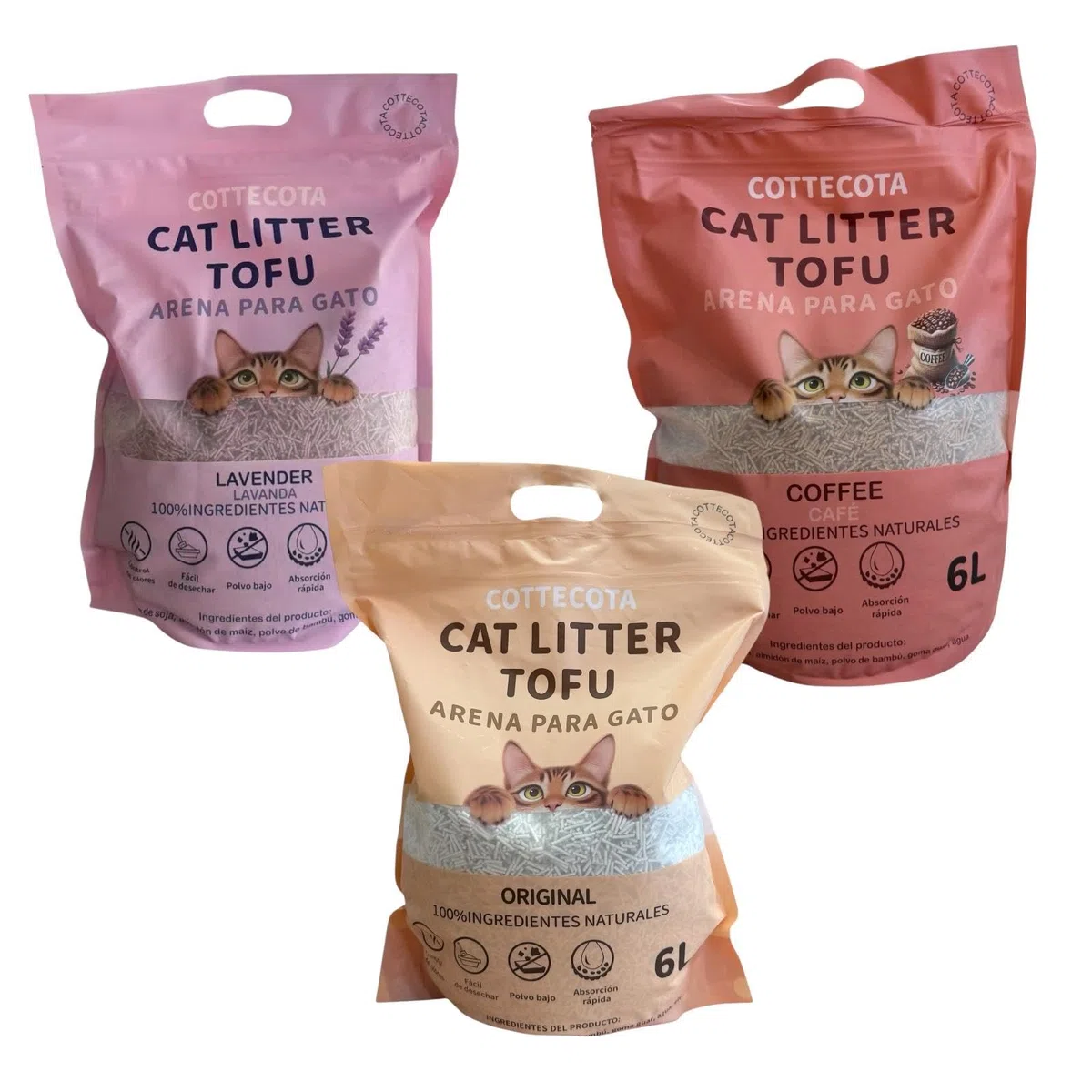 Arena para Gato de Tofu, 6 L, Aglomerante, Baja en Polvo, Antiolor, Pack Surtido 3 Aromas: Lavanda, Café y Original(Vainilla) (6)