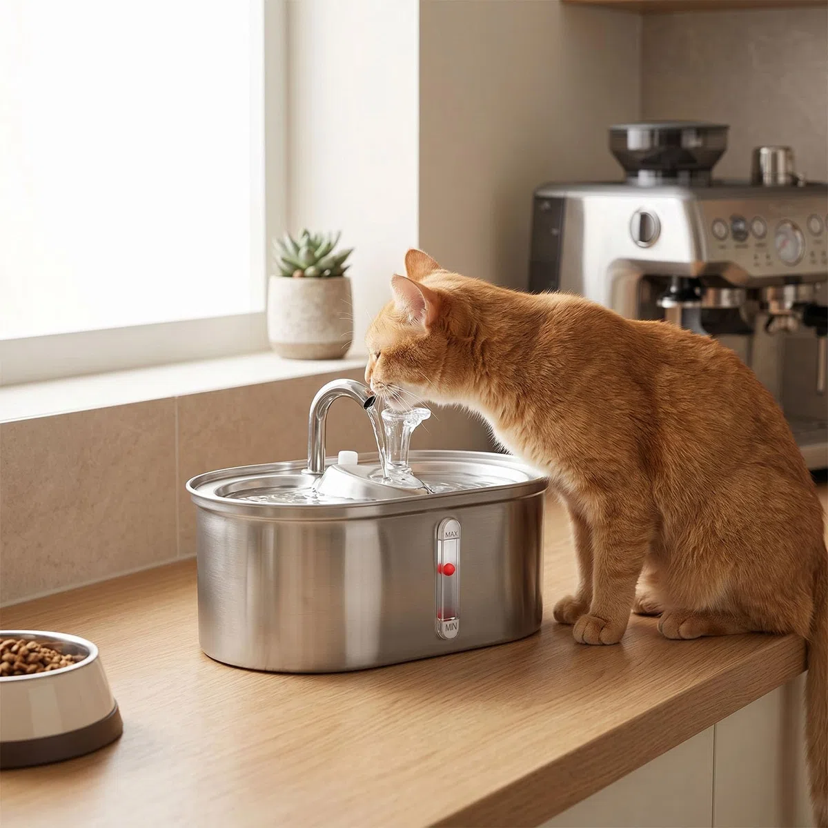 Diyeeni Fuente de Agua para Gatos de Acero Inoxidable, Dispensador Automático de Comida para Gatos de 3L, Bebedero Temporizado para Mascotas, Alimentador de Cuenco de Agua Corriente