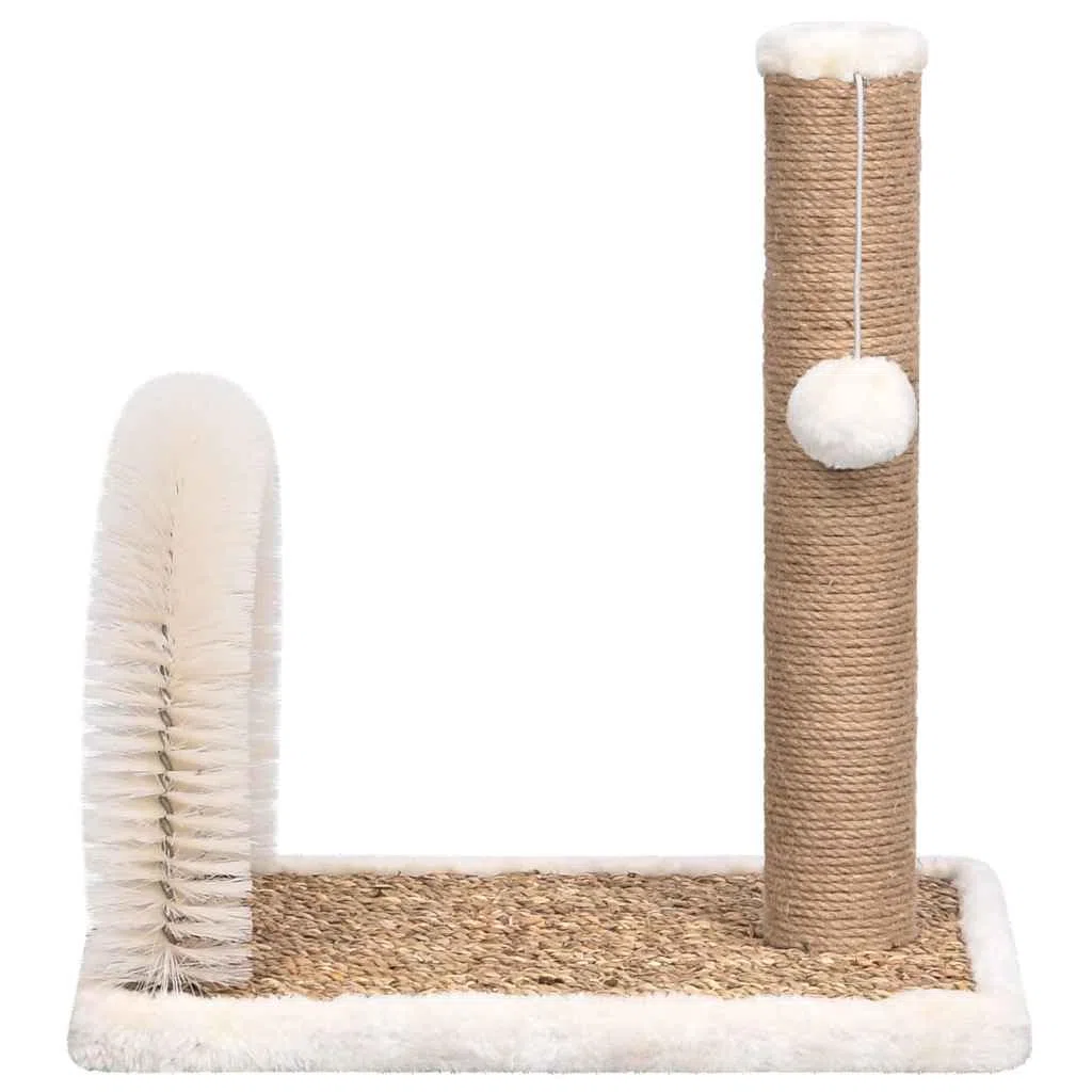 Árbol para gatos con arco para el cuidado del pelo, columna rascadora pequeña, color marrón | Accesorio compacto para gatos para el salón con cepillo de masaje y tronco rascador de algas marinas.