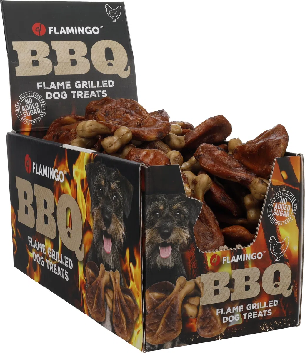 Snacks para Perros - Flamingo BBQ Costilla con Pollo S - 8 x 5 x 1,5 cm - 2 kg Display - Rica en proteínas - sin Gluten - sin Cereales - sin azúcares añadidos