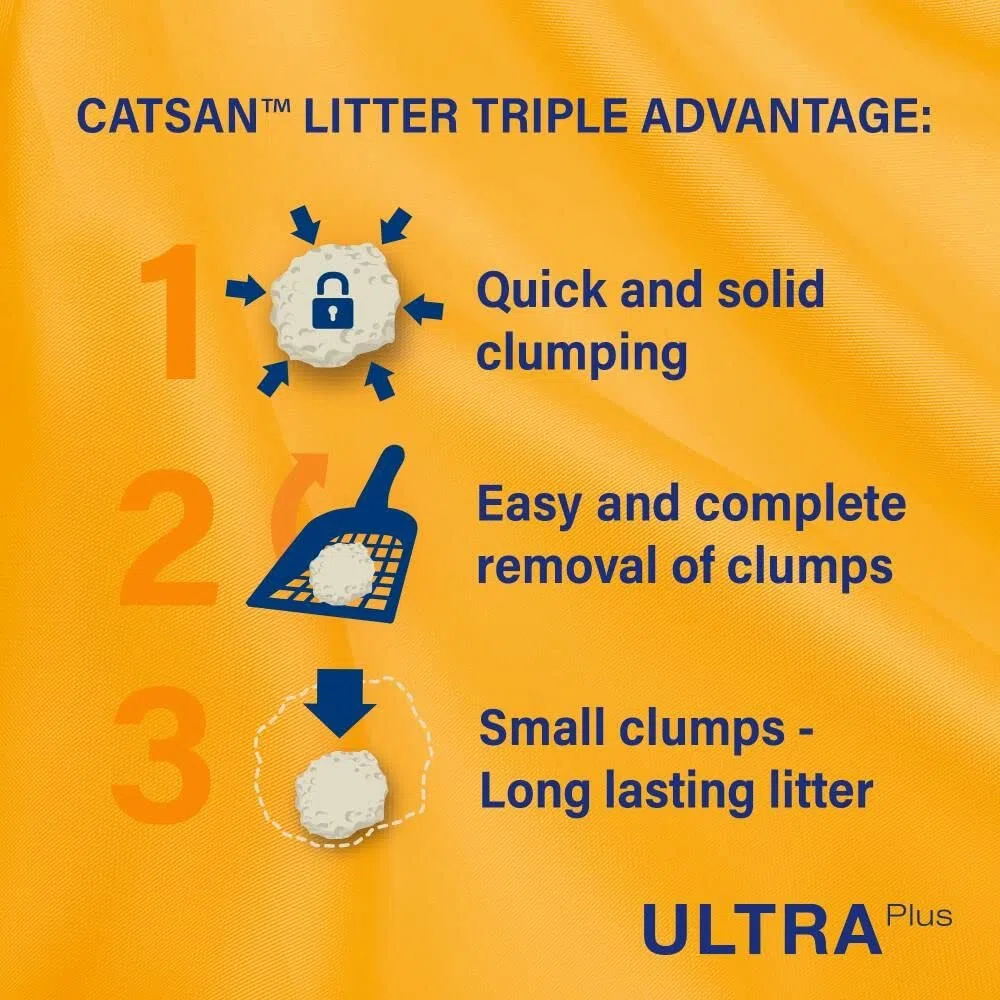 Catsan Clumping Litera, eliminación de olores, extra absorbente, paquete de 3 x 5 litros