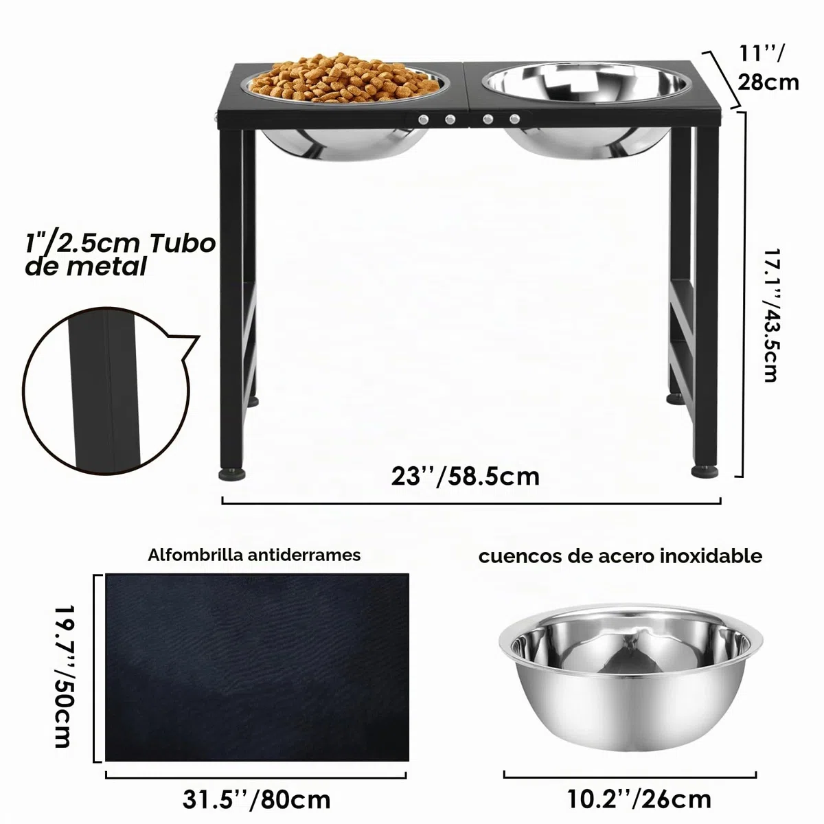 Cuencos elevados de metal para perros grandes de raza extra grande Soporte de cuenco para perros elevado con alfombrilla a prueba de salpicaduras y cuencos para mascotas de 3000ML, comedero de 17" de