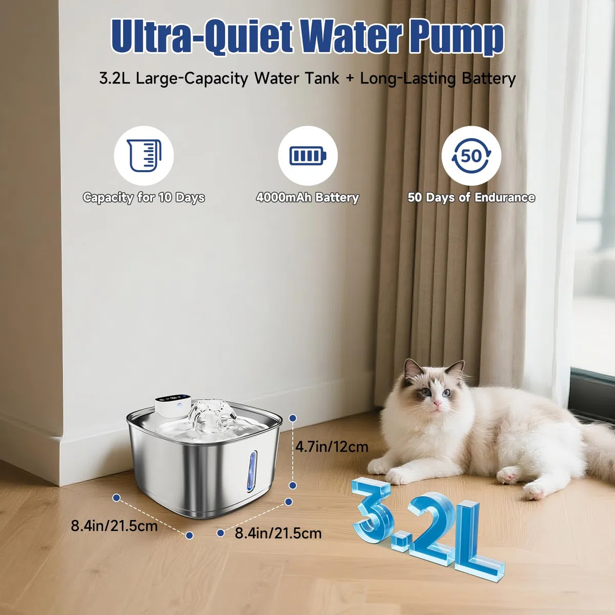 Fuente de agua para gatos de 3.2 L para beber con sensor de movimiento, fuente de agua de acero inoxidable para mascotas, dispensador de agua inalámbrico para perros, funciona con pilas y