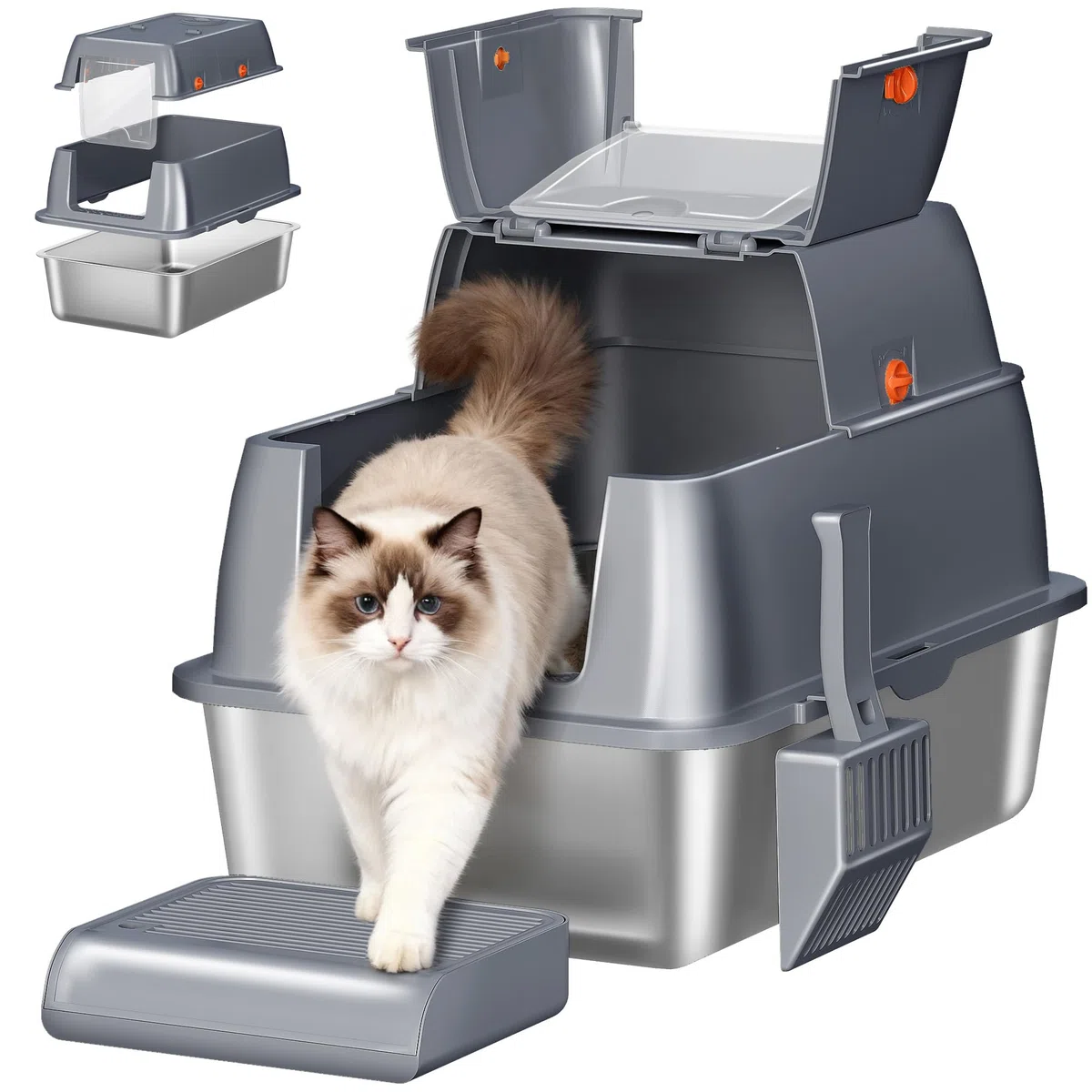 Arenero Acero Inoxidable Gatos XXL, 61 x 41 x 40 cm, Gris Oscuro | Arenero Cerrado para Gatos, con Tapa, Tapa con Bisagra de 180°, Pedal y Pala, Fácil de Limpiar, Diseño Modular FPLB203SG2