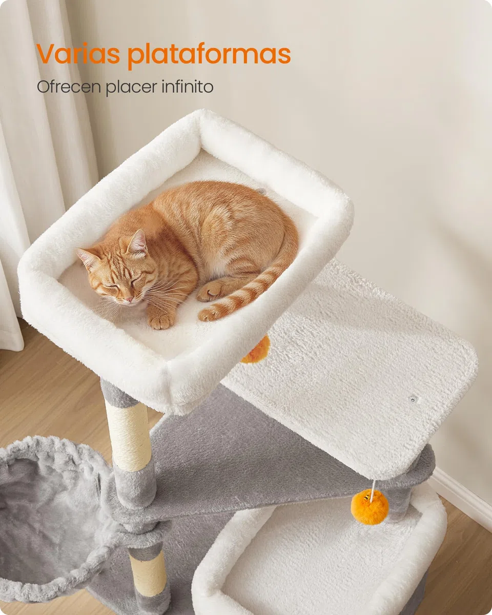 Feandrea Árbol Alto para Gatos, Altura de 152 cm, Rascador Multinivel con 2 Cuevas Grandes, una Hamaca, 3 Columnas para Arañarse, 3 Plataformas, Gris Paloma PCT007G01