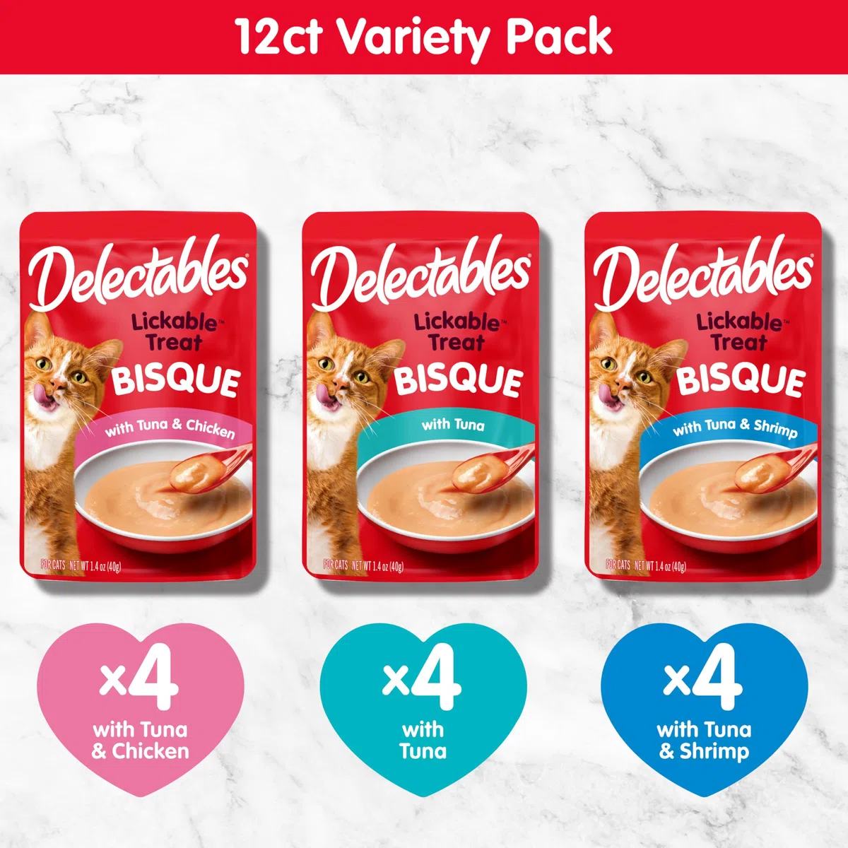 HARTZ - Golosinas húmedas para Gatos Delectables Bisque, para lamerse, Pollo, atún y camarones, Paquete de 12 Unidades