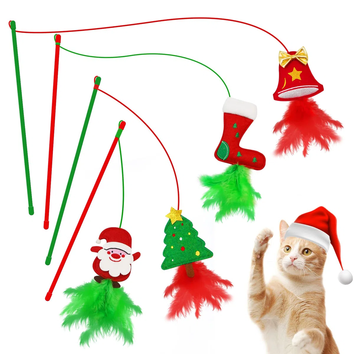 Juguetes de Navidad para gatos, paquete de 4 juguetes de varita para gatos de interior, regalos de gato con hierba gatera y plumas para Navidad, varita de gato de Navidad para gatos y gatitos