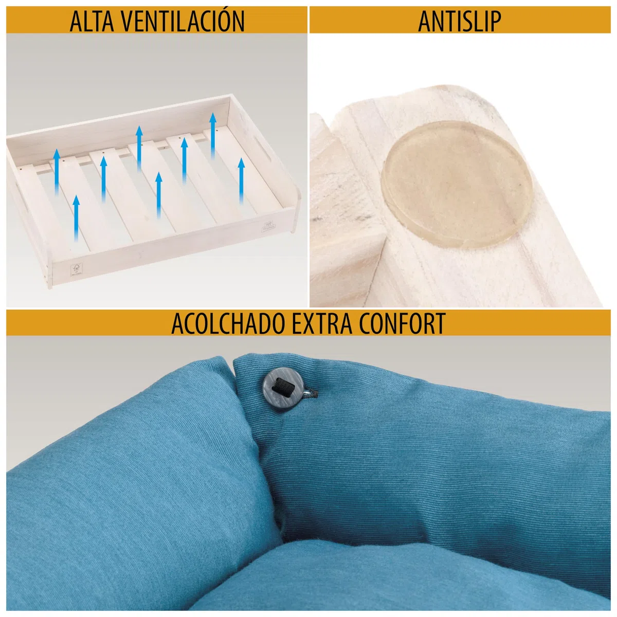 Ferplast Cama Perro y Gato con Cojin Hall, Cama para Perros y Gatos, Almohada Lavable, Madera FSC, Cama para Perros Medianos y Gatos, Transpirable y Antideslizante, 80.5 x 53 x h 17.5 cm