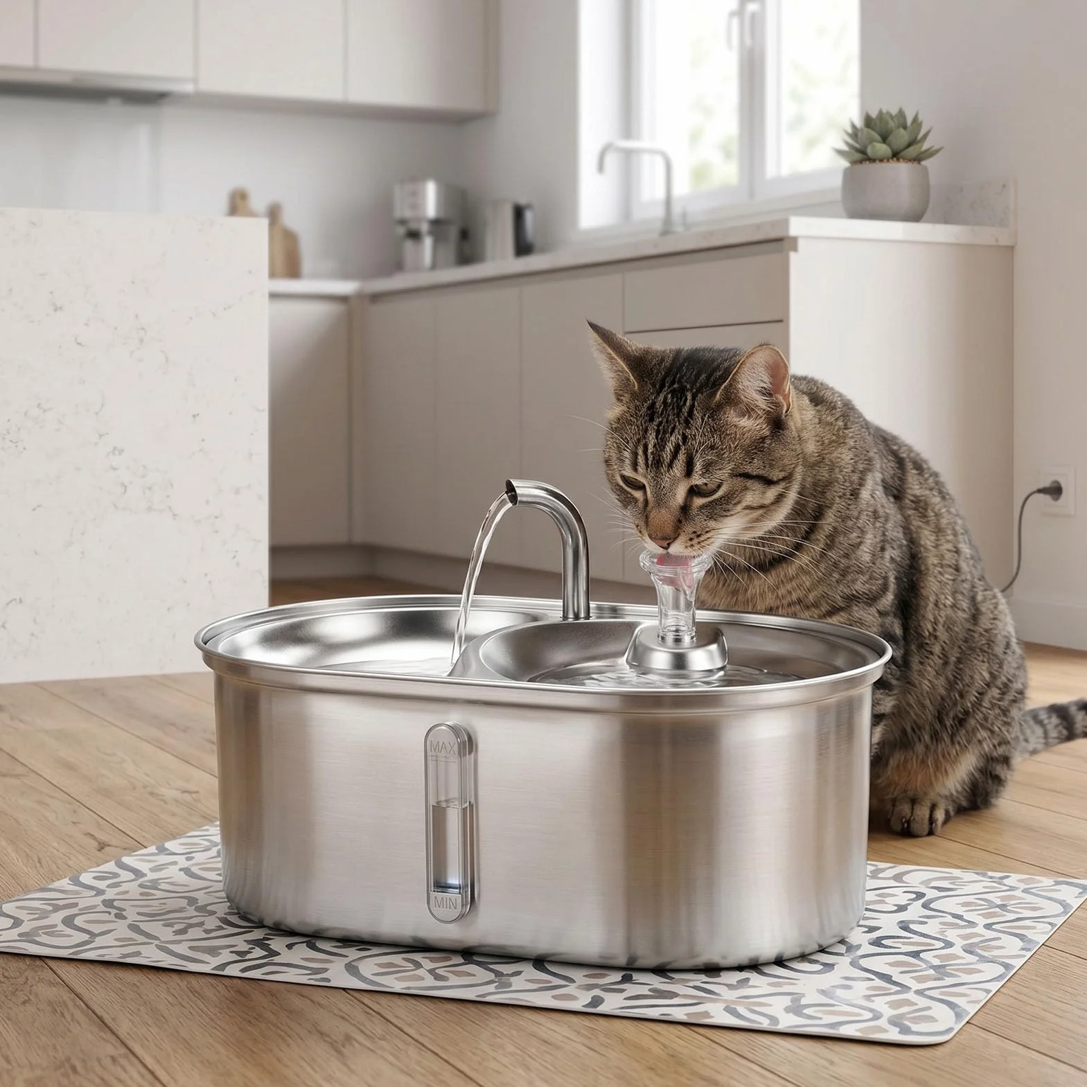 Fuente de Agua para Gatos, 2 en 1, Dispensador de Agua Automático de Acero Inoxidable de 3 litros, Diseño Elevado, Alimentador de Alimentos para Mascotas con Bomba Silenciosa y Diseño de